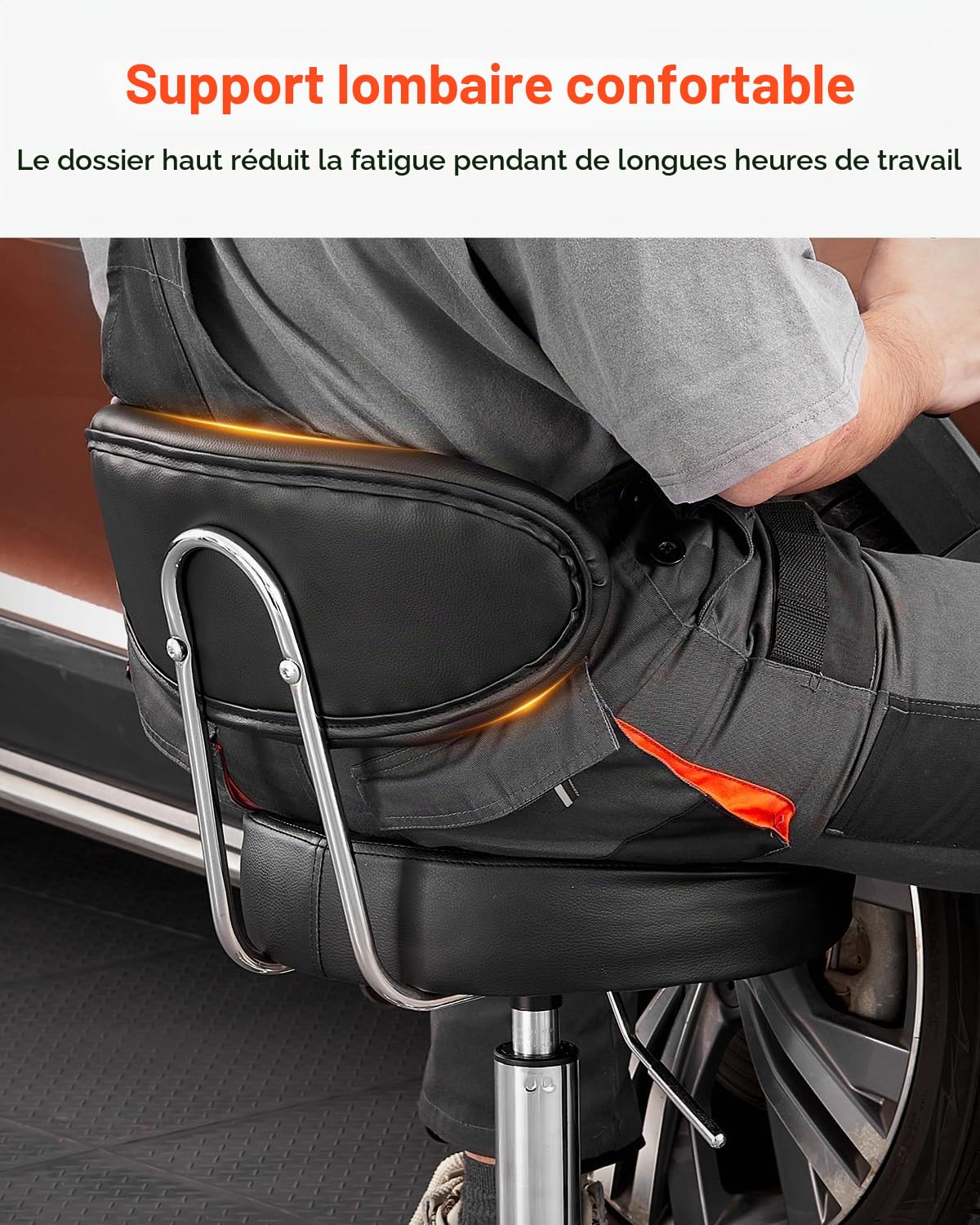 VEVOR Tabouret d'Atelier avec Dossier, Tabouret de Mécanicien sur roulettes Réglable, Capacité de Charge Maximale de 136 kg, Siège Pivotant à 360°, pour Entretien Réparation Automobile Garage, Noir