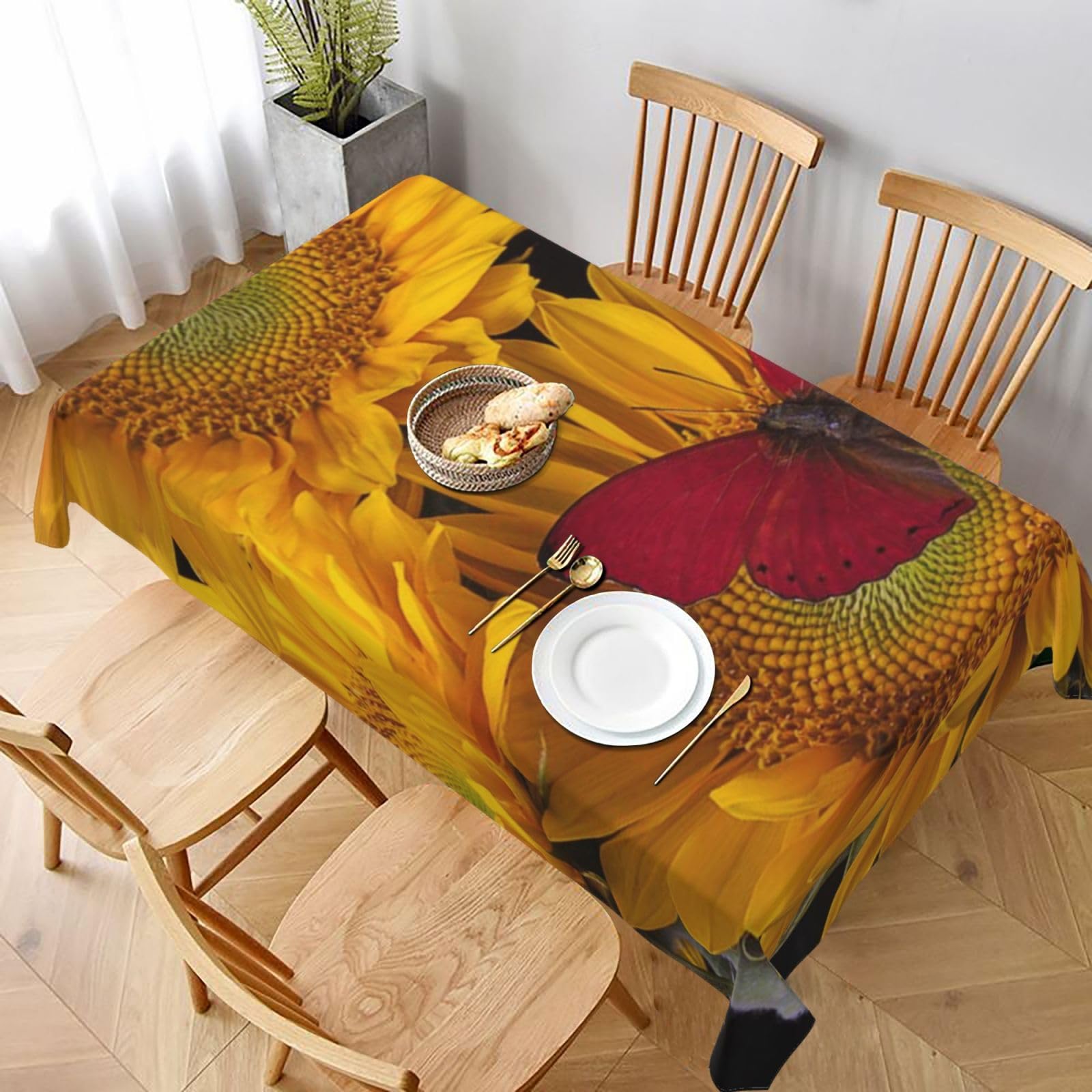 BNVSADC Yellow Sunflowers with Red Butterfly Printed Rectangle Tablecloth 228x152 CM, Water Resistant Polyester Table Cloth Decorative Fabric Table Covers for Kitchen Dining Table Parties Camping
