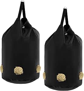 Ribbonlic 2 Pcs Hay Bags for Horse Goat 1680D Oxford Hay Bag Black Large Capacity Hay Feeder Trailer Stable Hay Net Slow Feeding Open Feed Hole Hay Holder for Horse Goats Sheep Feeding (5 Holes)