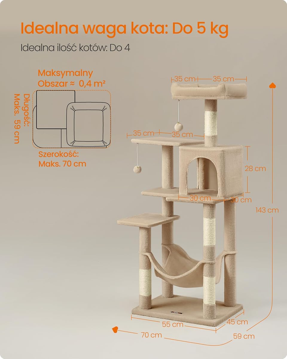 Feandrea Drapak o wysokości 143 cm, wielowarstwowy domek dla kota z 4 drapakami, 2 platformami, hamakiem, jaskinią Camel PCT161K01