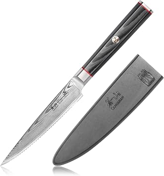 Cangshan YARI Series 5-inch Serrated Utility Knife with Sheath, X-7 Damascus Steel, 501264