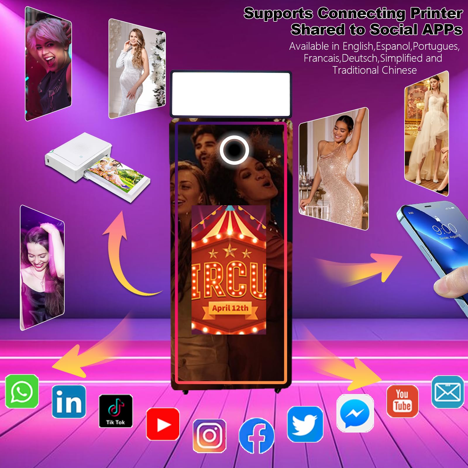 Magic Mirror Photo Booth Machine 165-81.3 cm fotobudka z ekranem dotykowym ze światłem RGB, drukowanie pomysłów i udostępnianie na imprezę (białe + kwadratowe światło, maszyna)