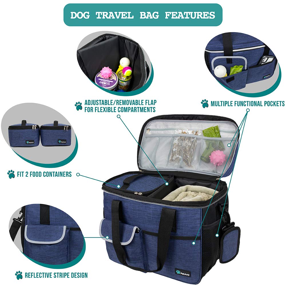 PetAmi Bolsa de viaje para perros, organizador de bolsas de viaje para mascotas, bolsa de viaje para comida para perros con recipiente de alimentos y cuencos, suministros de viaje para perros,