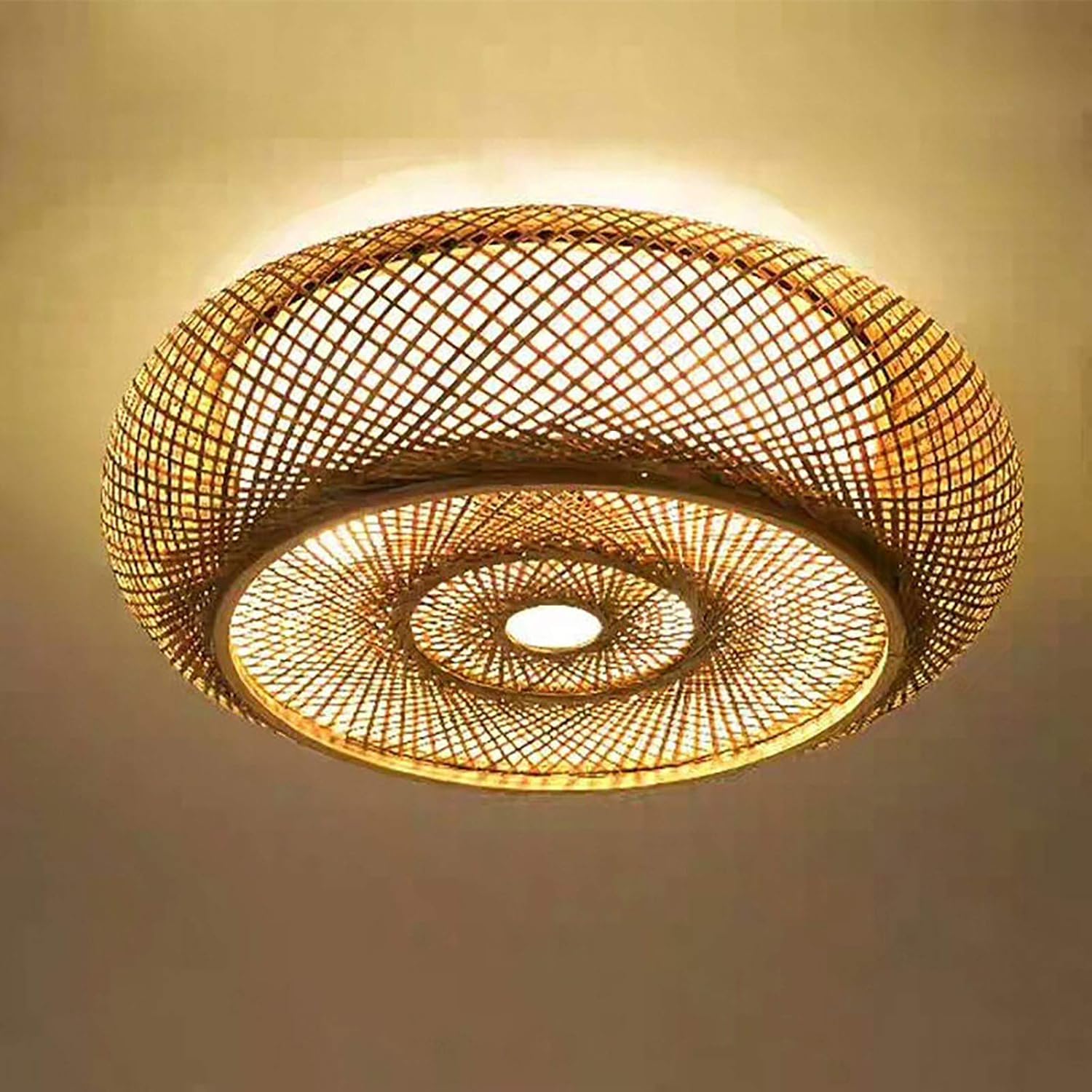 Lámpara de techo retro de bambú, 3 luces, País País, Boho, tejida a mano, lámpara LED de madera, 50 x 16 cm, lámpara colgante de ratán para LED/bombilla/lámpara fluorescente