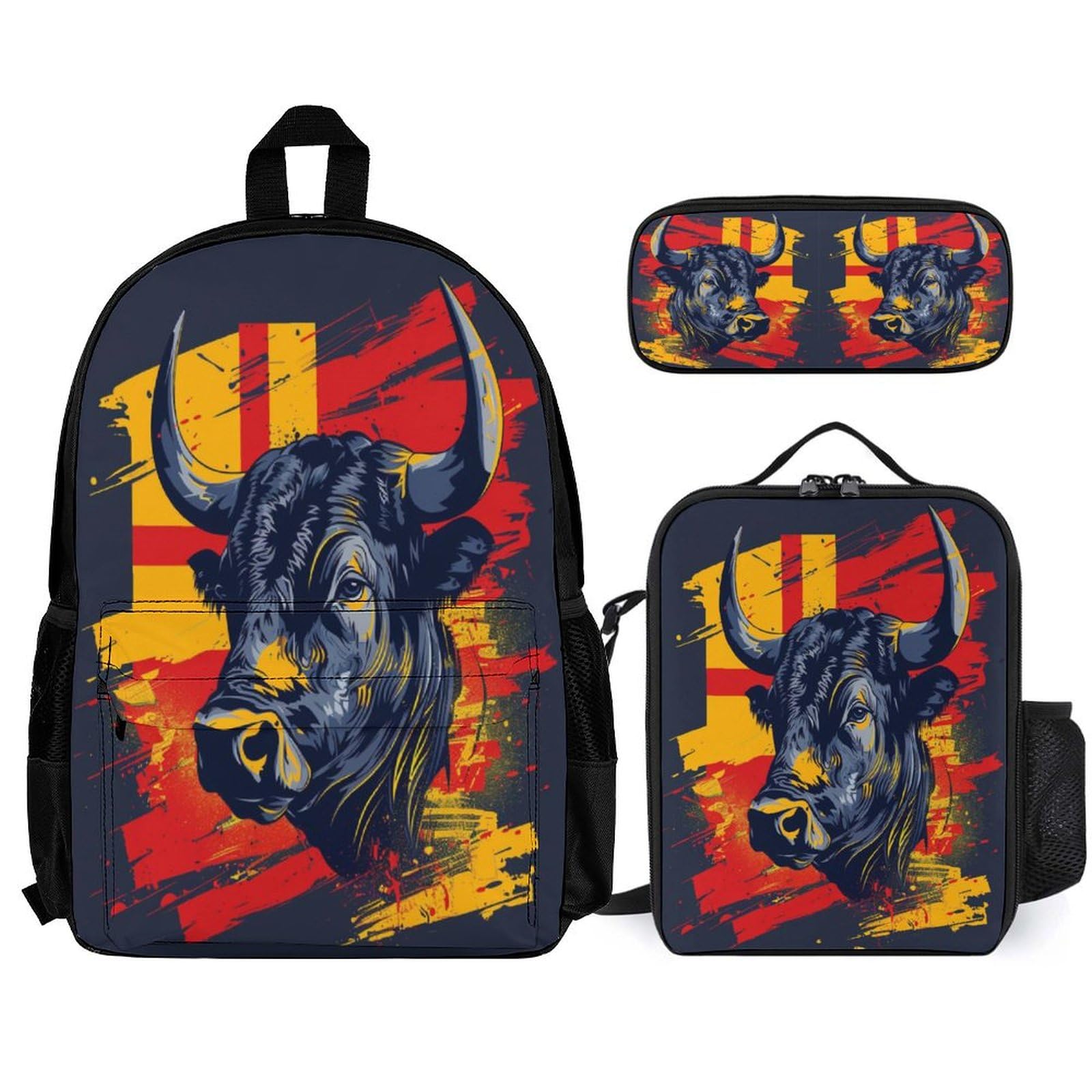 Sac à dos Taureau Personnalisé avec Boîte Déjeuner et Trousse Crayons, Lot de 3 Sacs d'école Imprimé Vache, Sac avec Boîte à Déjeuner
