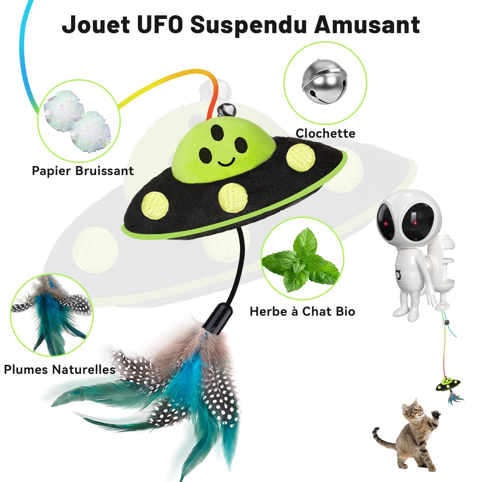 GoldenSun Jouet interactif 2 en 1 automatique avec double projection et pendentif OVNI pour chat d'appartement, activé par le mouvement, rechargeable, 4 modes de jeu, fixation par pince, blanc