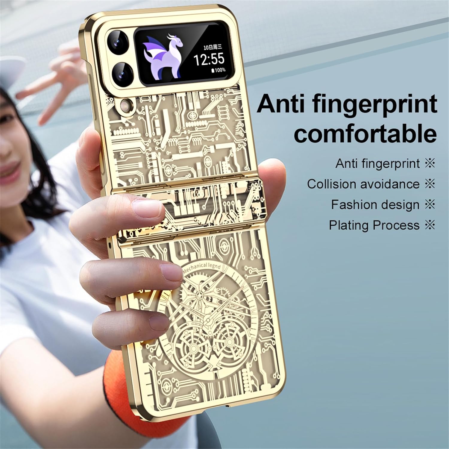 Case for Samsung Galaxy Z Flip 3 5G 2021, Hinge Protection Ultra Thin Slim Fit Mechanical Style Pattern Plating Transparent PC Back Non-Yellowing Cover for Samsung Z Flip 3