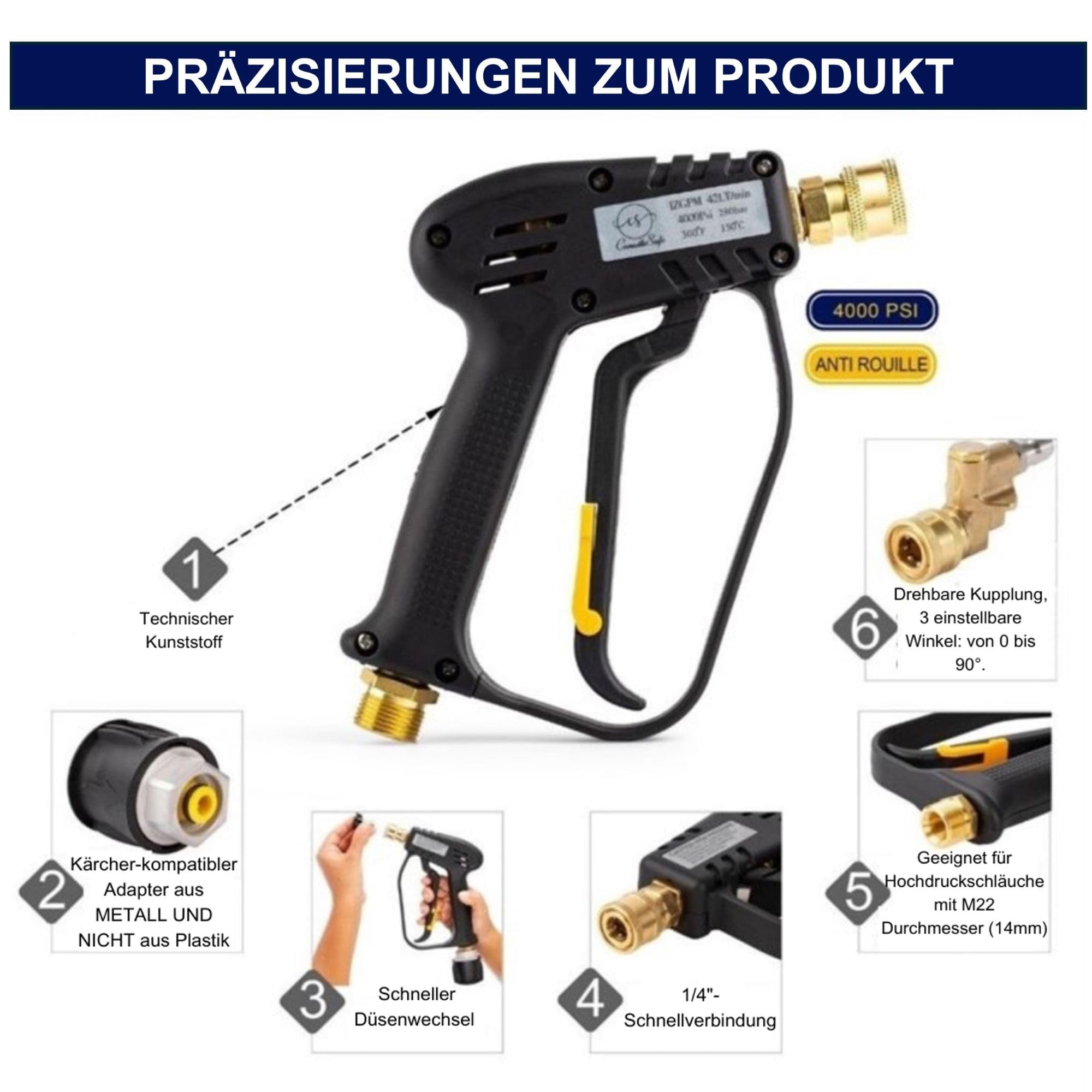 Hochdruckreiniger Pistole 4000 PSI und 6 Düsen Schnellanschluss- Autowaschpistole - M22(14mm) Schnittstelle, kompatibler Karcher K1-K7 Adapter, 2 Wasserfilter und Leitfaden inklusive