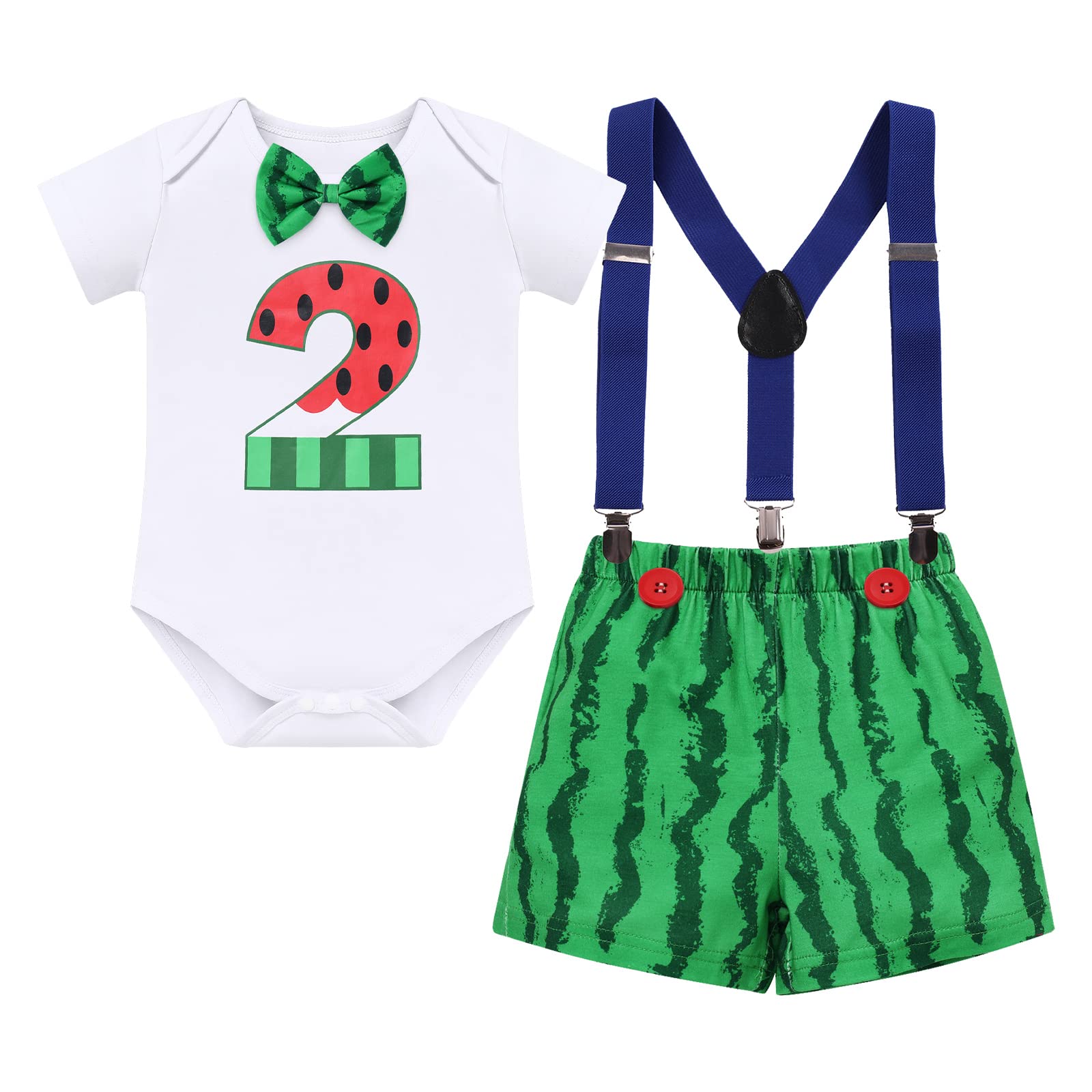 Toddler Baby Boy Melon Birthday Outfit Rainbow Romper Bodysuit & Shorts Pants & Y-back Suspenders Smash Cake Kids Two Years Old Summer Photo Shoot Holiday Clothes Supplies Watermelon - 2nd 24 Months
