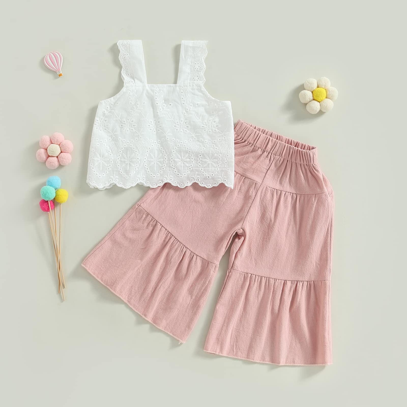 Aopwsrlyi Kids Baby Girls Summer Cotton Linen Outfit Sleeveless Lace Tank Tops Bell-bottom Wide Leg Pants Set (Pink, 5-6 Years)