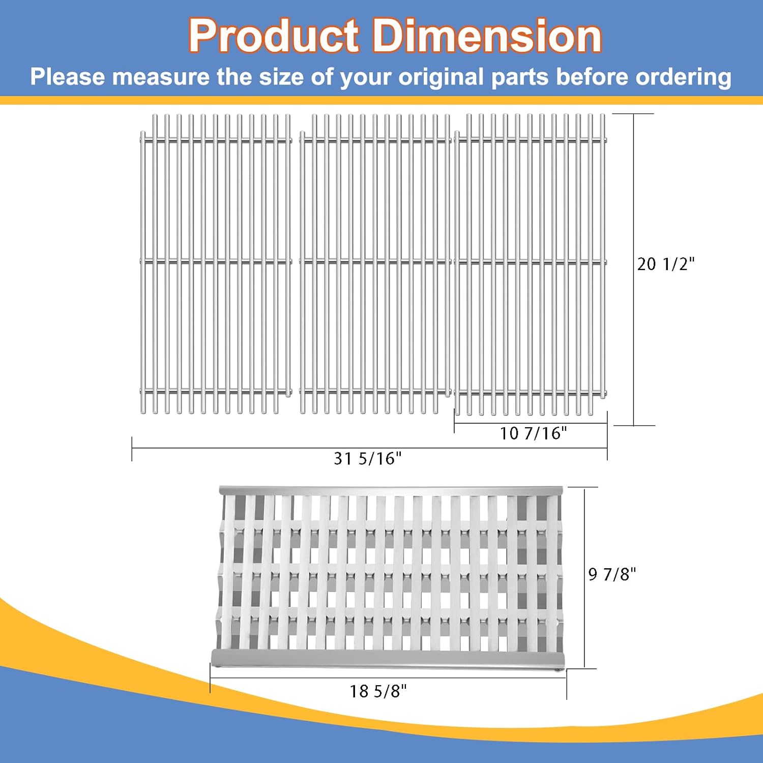 92911 DCS Radiant Tray with Ceramic Rod, 20 1/2” Stainless Steel Grill Grates Replacement for DCS 27DBQR, BGA36-BQARL/BQARN, BGA48-BQARL/BQARN, BFG-30G, 3 Pack DCS Grill Parts 54801