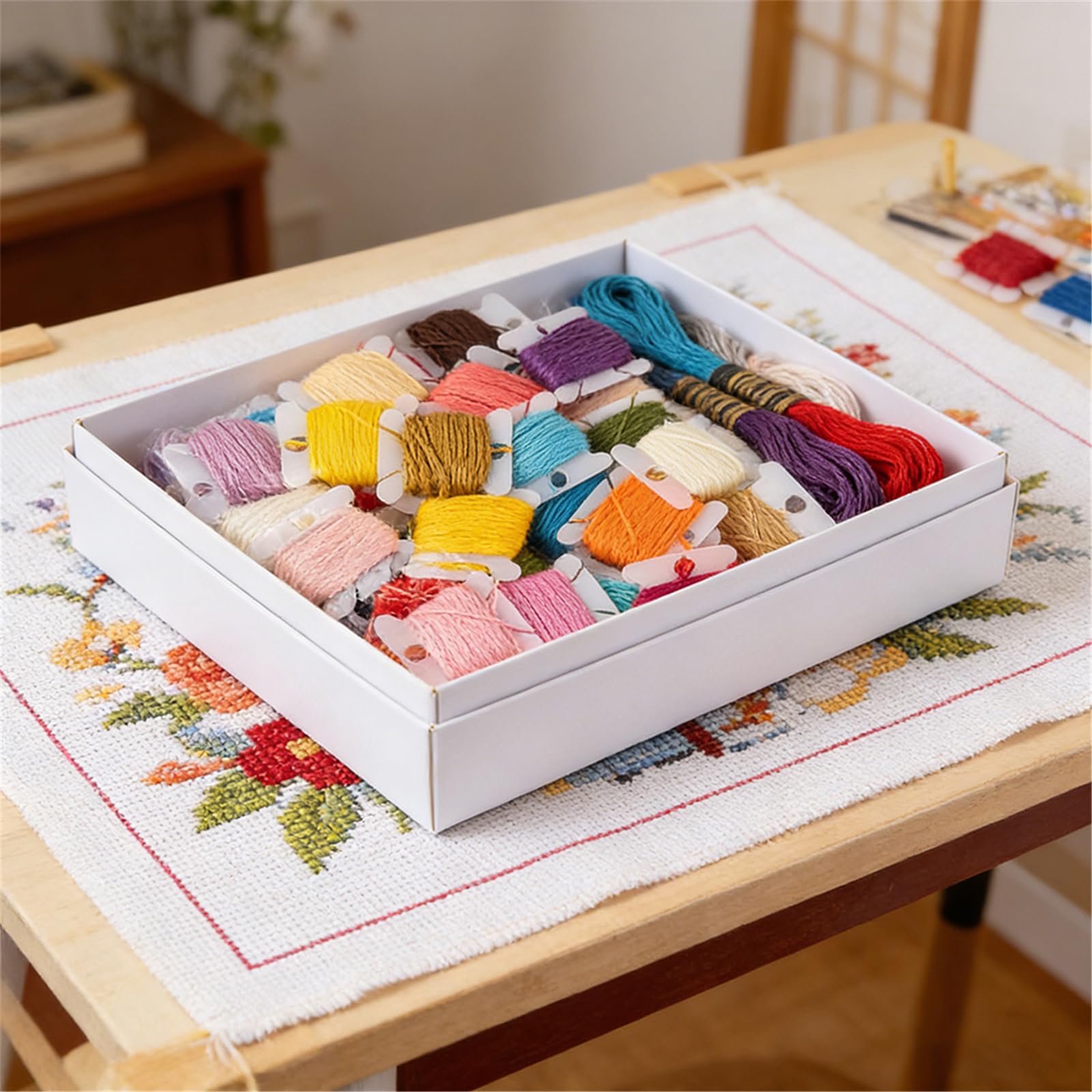 Kit de hilo de bordado con caja de almacenamiento transparente para punto de cruz y manualidades de aguja, adecuado para todas las ocasiones