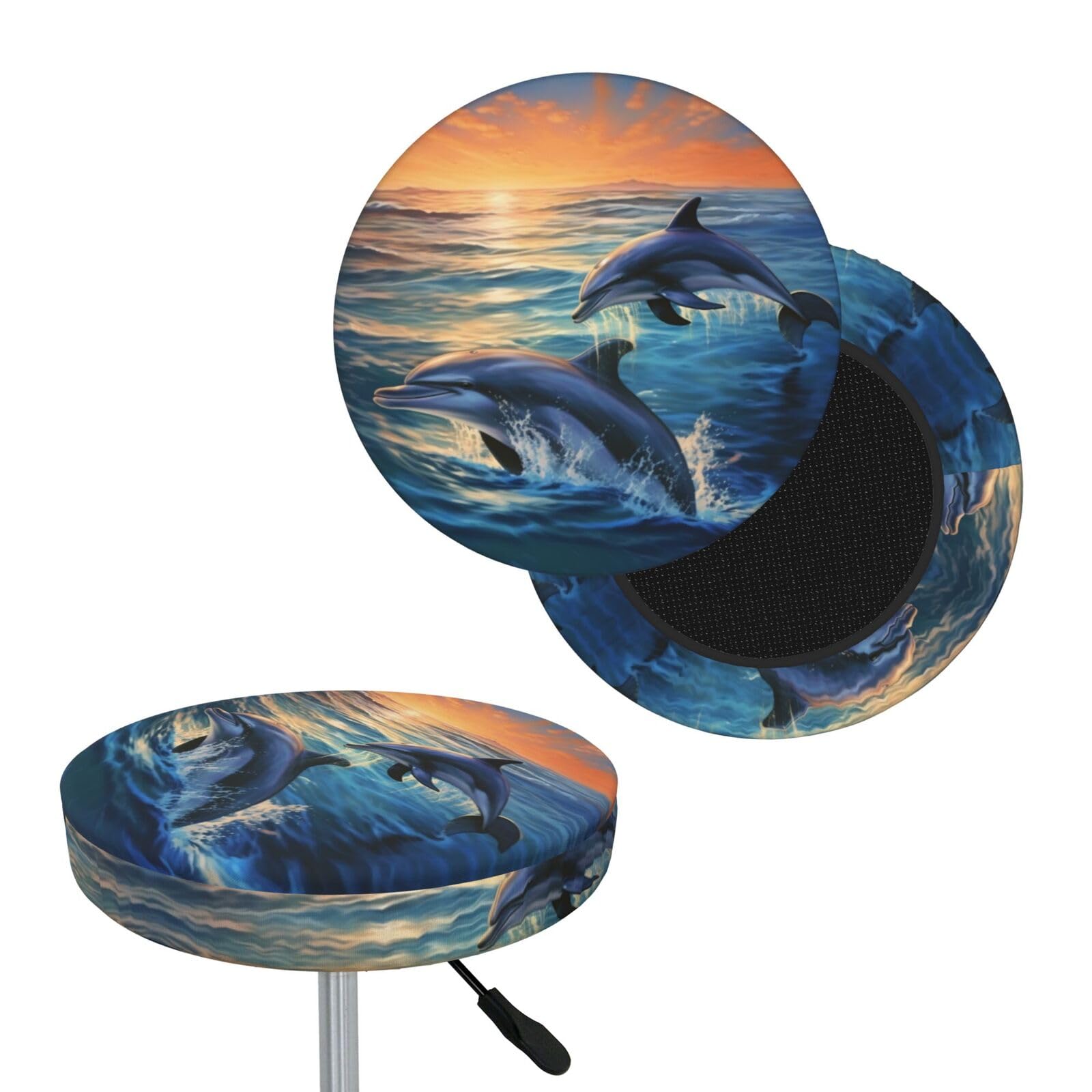 FodPand Dolphins in The sea Bar Stool Cover Round Elastic Stool Cushion Covers Washable Bar Stool Chair Slipcover Stretch Stool Seat Covers for 12-14 Inch Chair