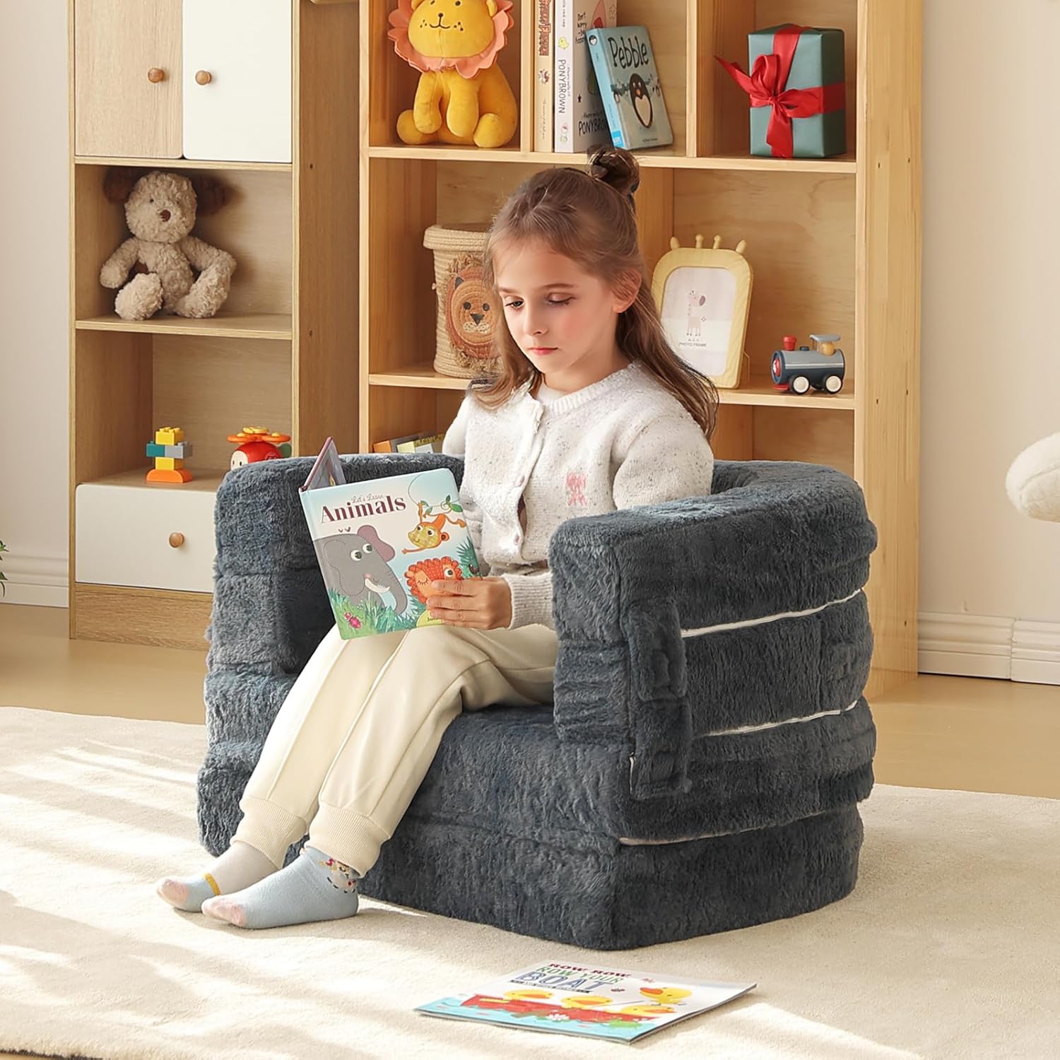 Welnow Travel Toddler Bed, 3-in-1 Convertible Toddler Portable Floor Beds, Kids Flip Out Foldable Sofa Bed with Washable Cover & High-Density Foam for Girls and Boys, Dark Grey