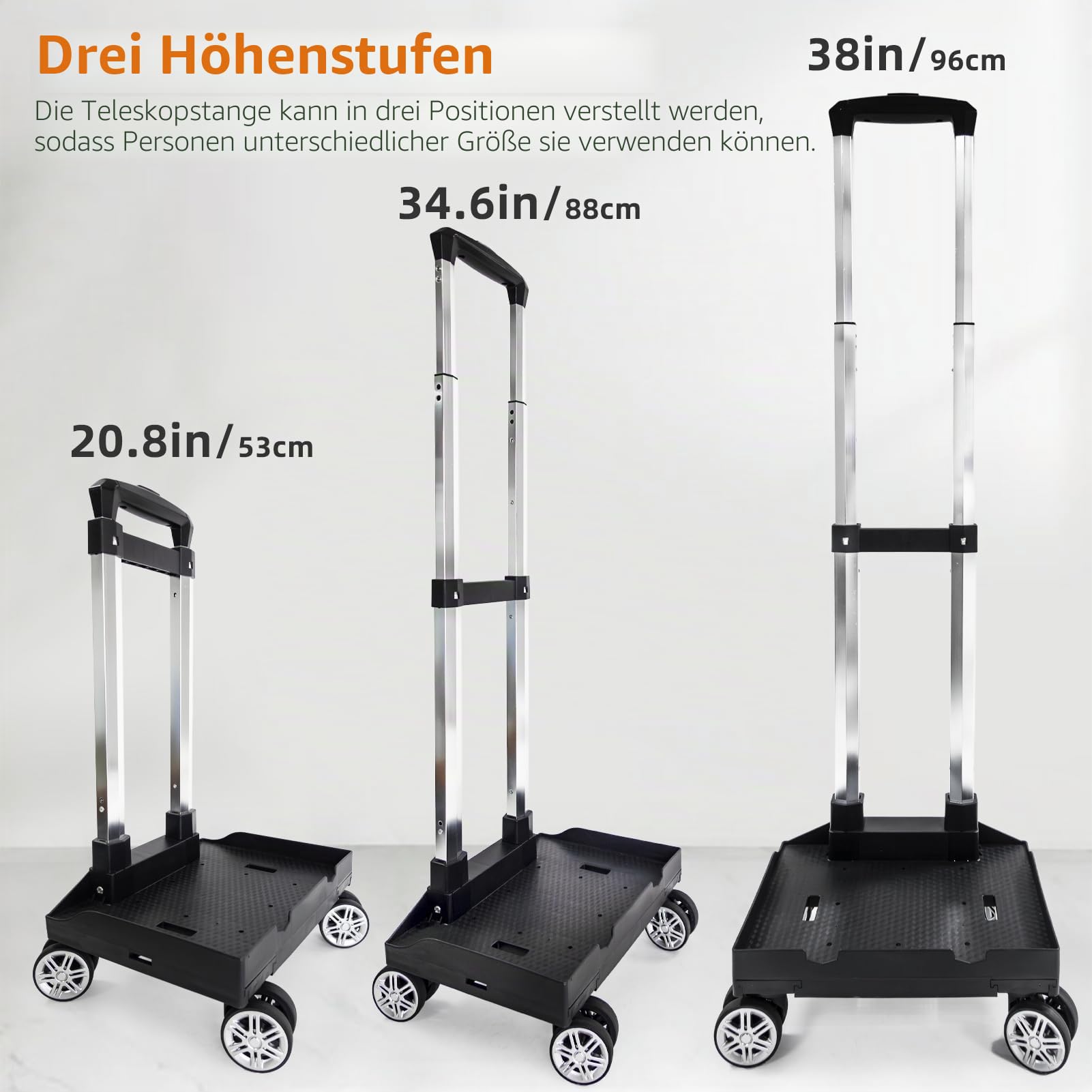 Rucksack Trolley Rollwagen, Faltbare Aluminiumlegierung Handkarre mit Randbasis, 4 Räder, Gepäckwagen mit Gepäckgurt für Kinder, Jugendliche, Erwachsene, Schule, Reisen, Black-L08