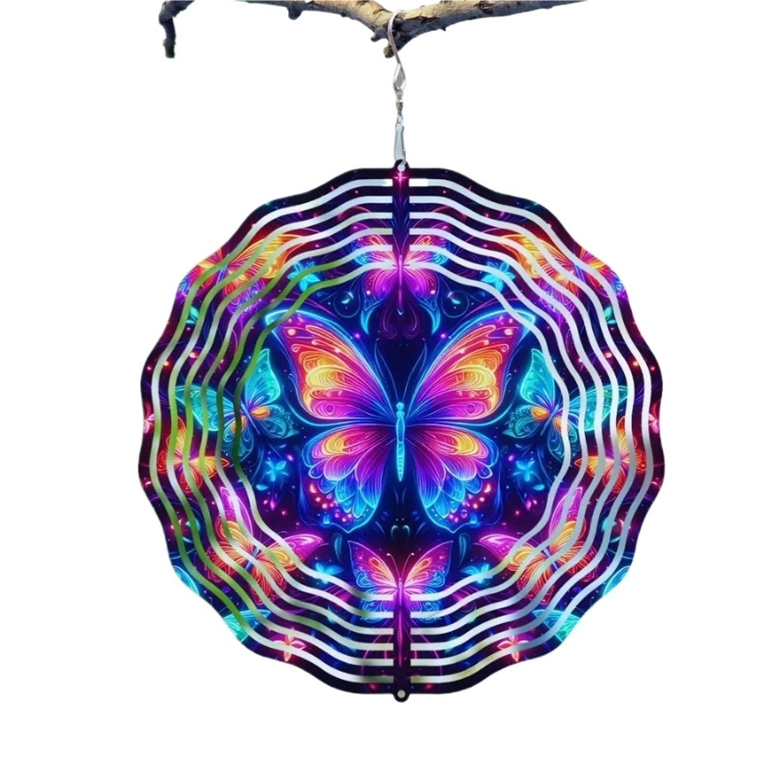 Carillon éolien Mandala moulin à vent 3D métal papillon bleu extérieur