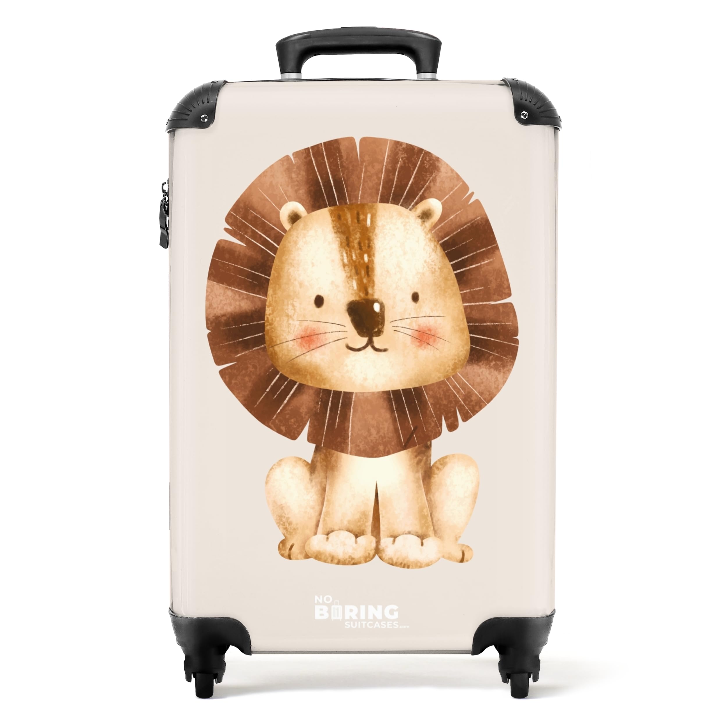 NoBoringSuitcases.com® Handgepäck Koffer Kinder 55x35x20 cm Reisekoffer Kinderkoffer 4 Rollen Leicht Cabin Kindertrolley Reise Hartschalenkoffer Löwe - Niedlich - Beige