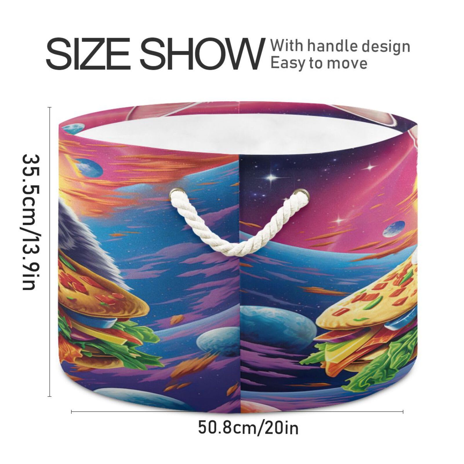 Round Space White Cat Taco Storage Basket Large Organizer Bin Laundry Hamper Toy Storage Basket with Handle for Nursery Clothes Toys 202b4752