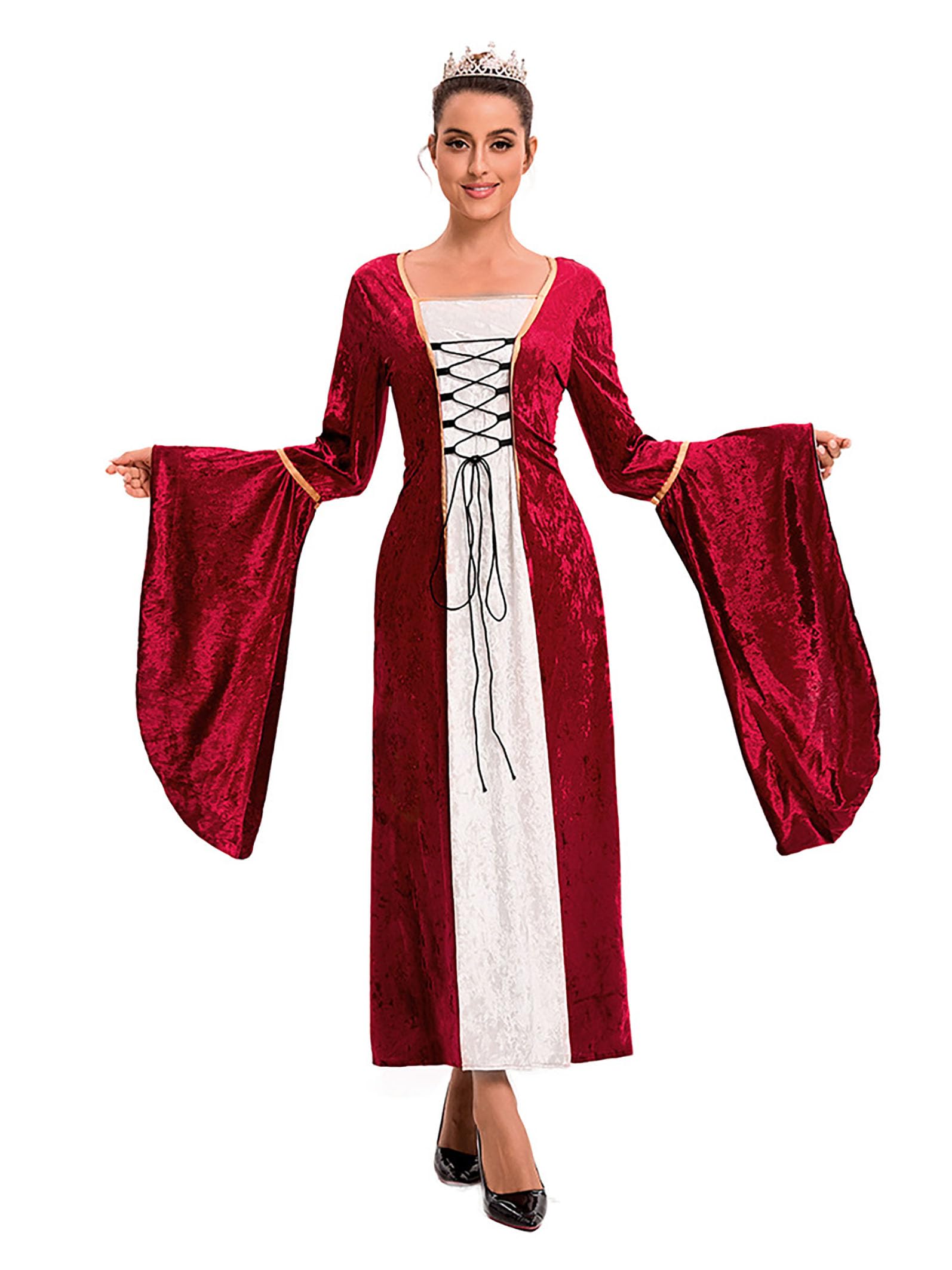 Robe en velours rétro médiévale pour femme avec manches trompettes Styles victorien, Renaissance, pour fête, Halloween, carnaval, gothique