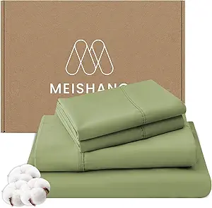 MEISHANG 1000 Thread Count Egyptian Cotton Sheets King - 100% Egyptian Cotton Sheet Set, Sateen Weave, Soft & Breathable, 16" Deep Pockets - 4 Piece (King, Olive Green)