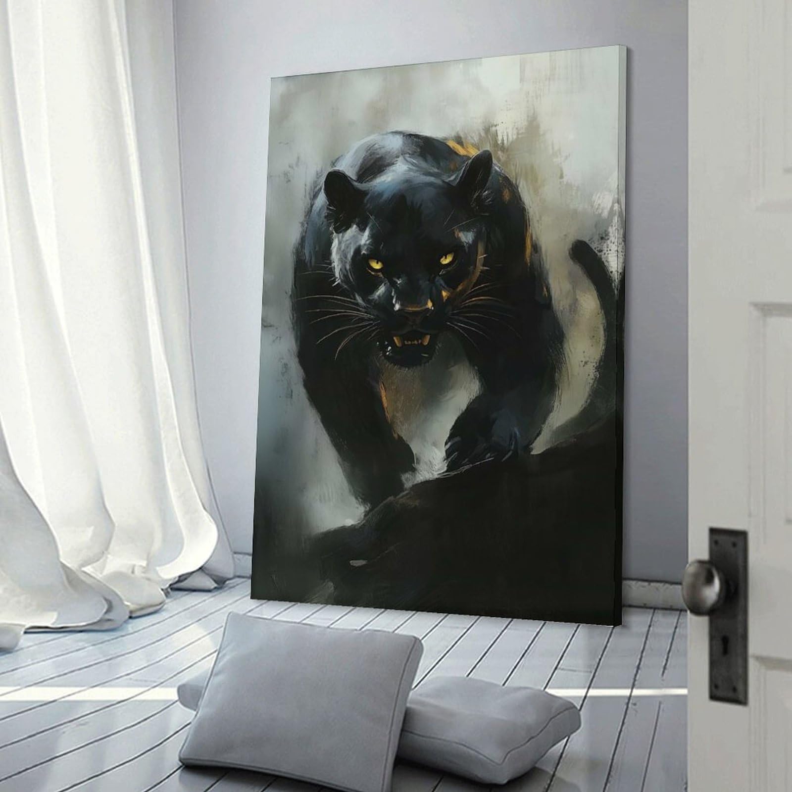 Junmoney Frame-Style-1 Black Panther Portrait Decorative Canvas Print, 24X36inch(60X90cm), For Contemporary Homes, Apartments Or Offices, Home Artwork For Modern Interiors