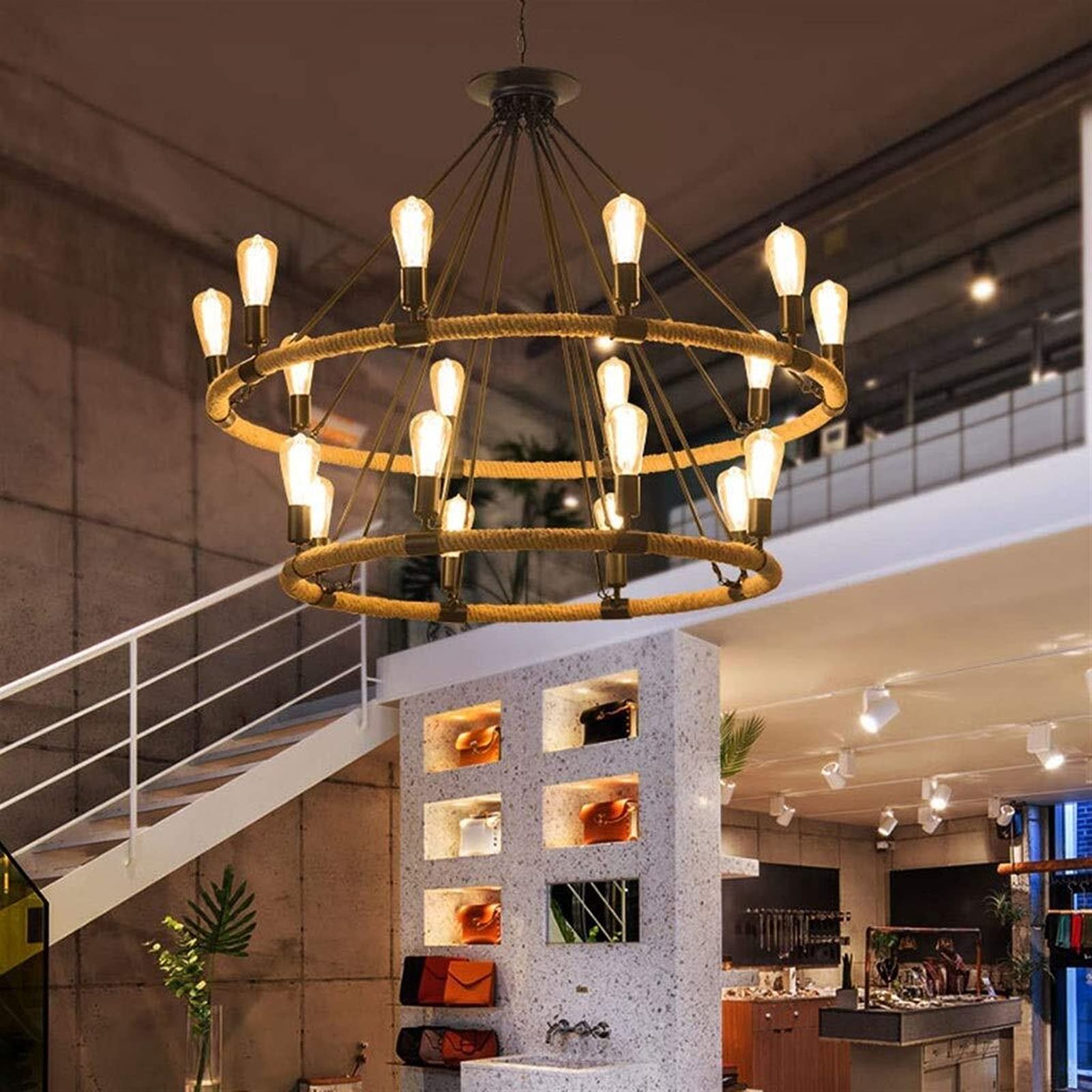 Lampadario in corda di canapa intrecciata a mano, illuminazione a più teste, mobili in ferro battuto, a doppio strato, rotonda, per libreria, hotel, luci decorative retrò.