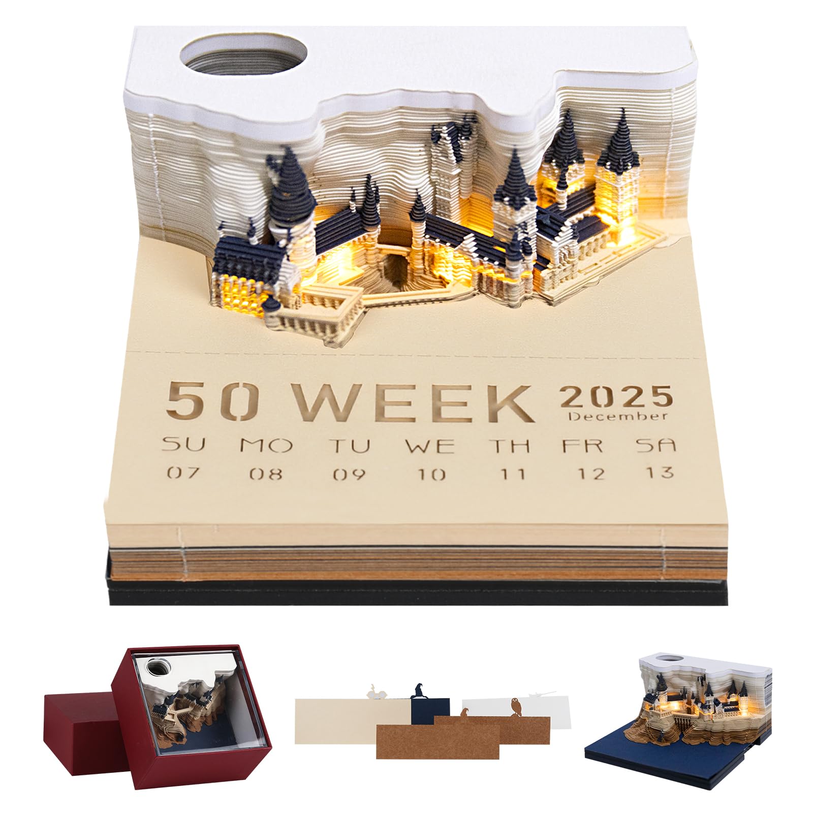 3D Calendar 2025,Time Piece Calendar With LED Lights, Paper Sculpture Art Memo Pad Notepad Christmas Desktop Decoration Gift (Magic Castle A)-image-39