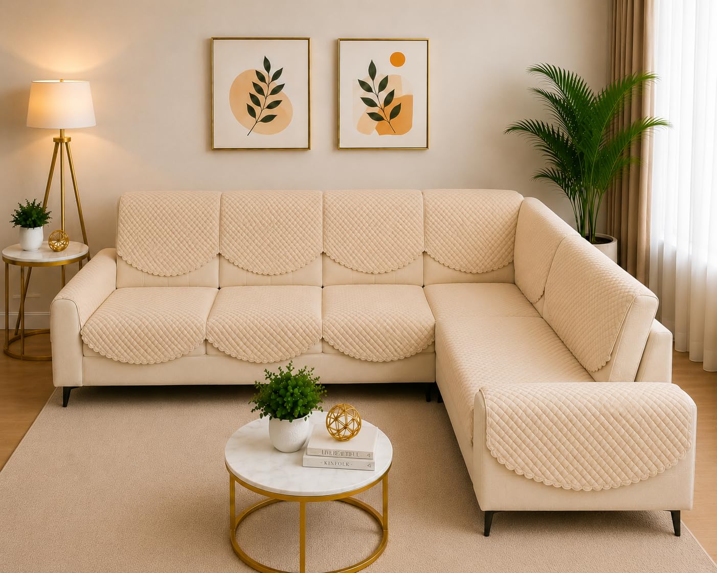 Solid Color 7 Seater L-Shape Sofa Cover, Quilted Texture, Sectional Couch Protector for Living Room-Pack of 14 (Beige)-image-13