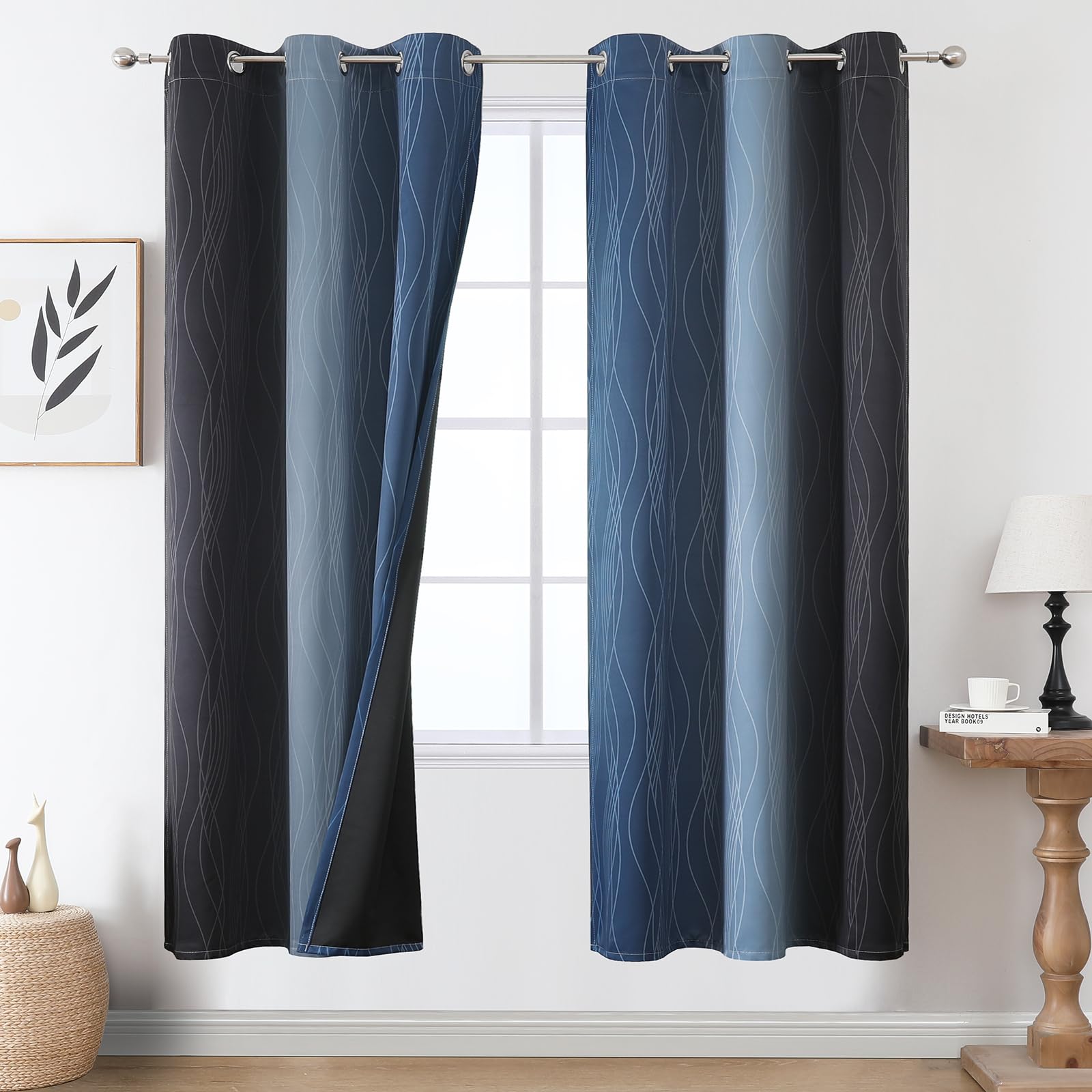 Navy Blue and Black Ombre Blackout Curtains for Living Room 72 Inches Long