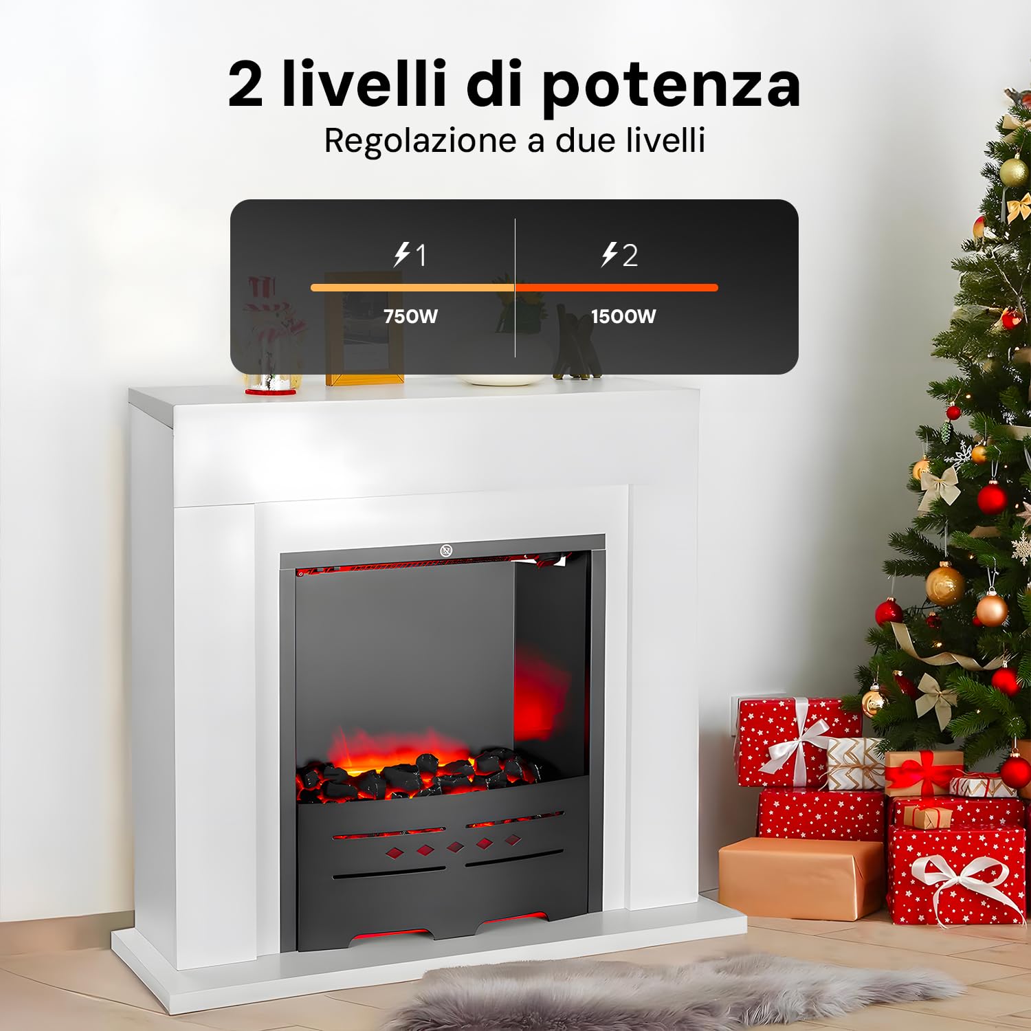 Camino Elettrico Denver 1500W - Caminetto Elettrico con Mobile in Legno Bianco, Effetto Fiamma Regolabile con 2 potenze - Termocamino Decorativo, Caminetto Finto da Terra 77x72,5 cm