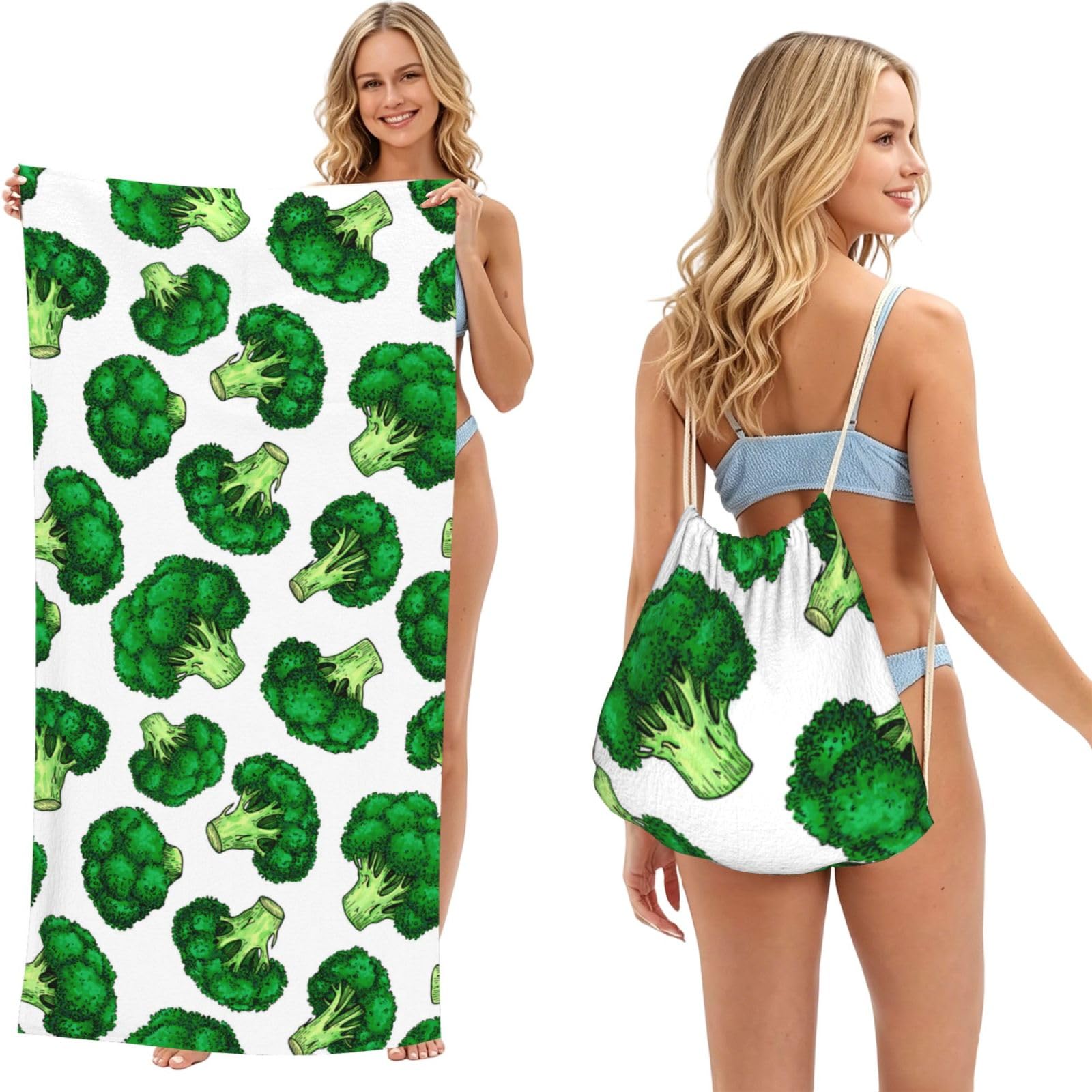 Poadnly As Picture Broccoli, 2 In 1 Packable Towel Bag, Beach Towels With Drawstring Backpack For Travel Holiday Camping