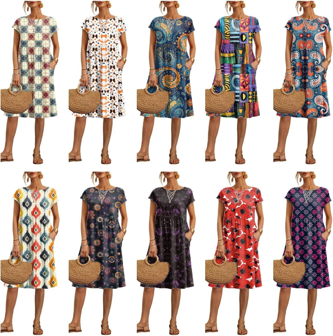 Cotton Dresses Boho Floral Cap Sleeve Empire Waist Crewneck Summer Vacation Midi Casual Dress with Pockets - Image 5