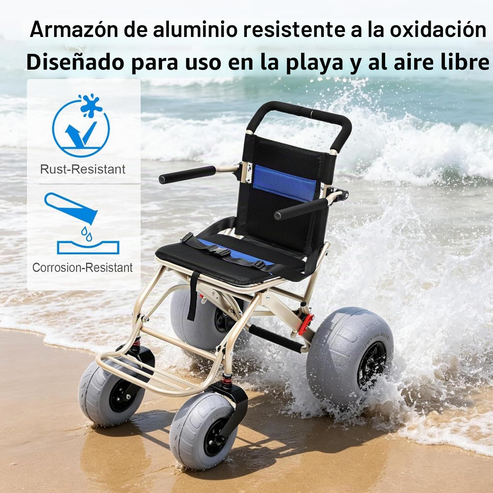 Silla De Ruedas De Playa Con Neumáticos De Globo, Silla De Ruedas Todo Terreno, Plegable, Impermeable, Para Acceso a Playa, Césped, Grava Y Agua, Transporte De Viaje Para Personas Mayores
