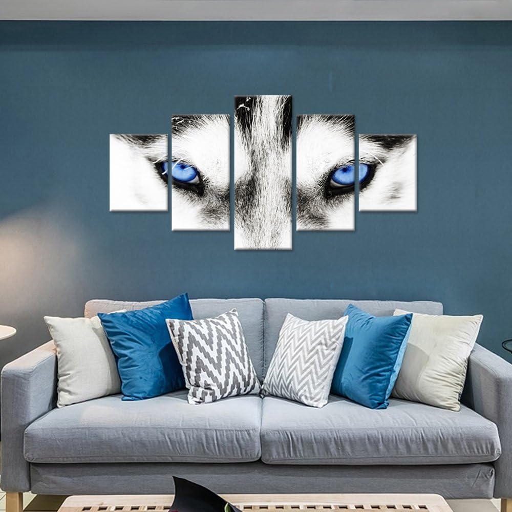 Large 5 Pieces Wolf Canvas Wall Art Black and White Wolf Dog Blue Eyes Animal Face Head Series Abstract Picture Painting Artwork for Living Room Home Decor Ready to Hang