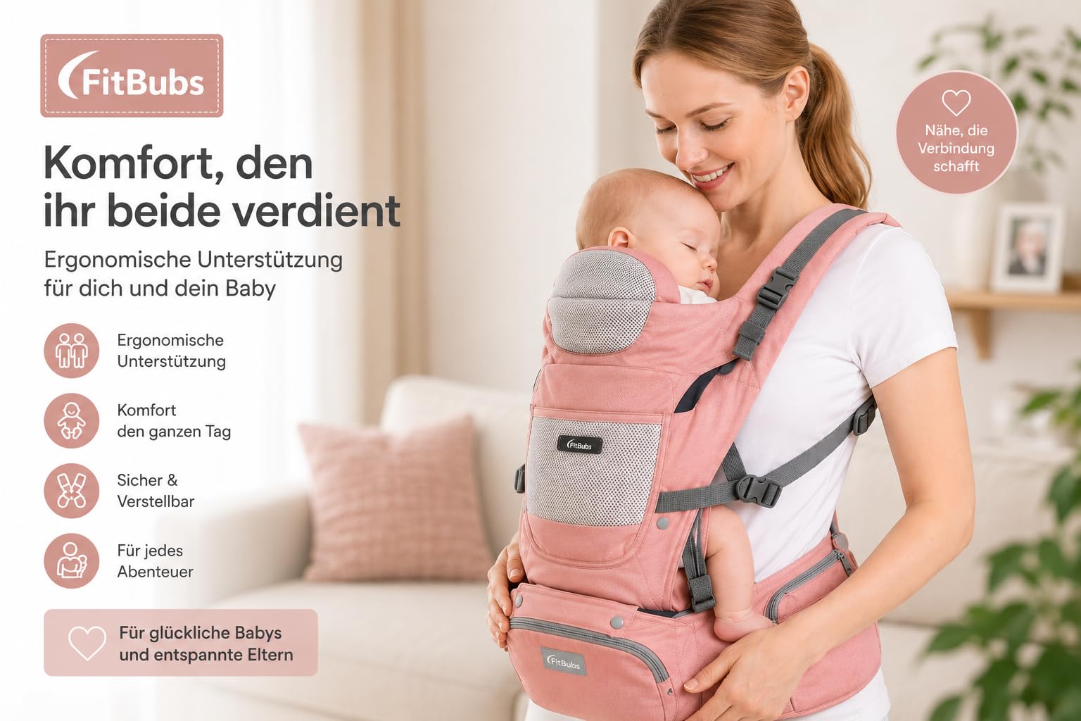 Babytrage für Neugeborene ab Geburt, 2-in-1 mit Hüftsitz, Ergonomische Tragehilfe für 3–36 Monate, 3–20 kg, Atmungsaktiv, Rosa