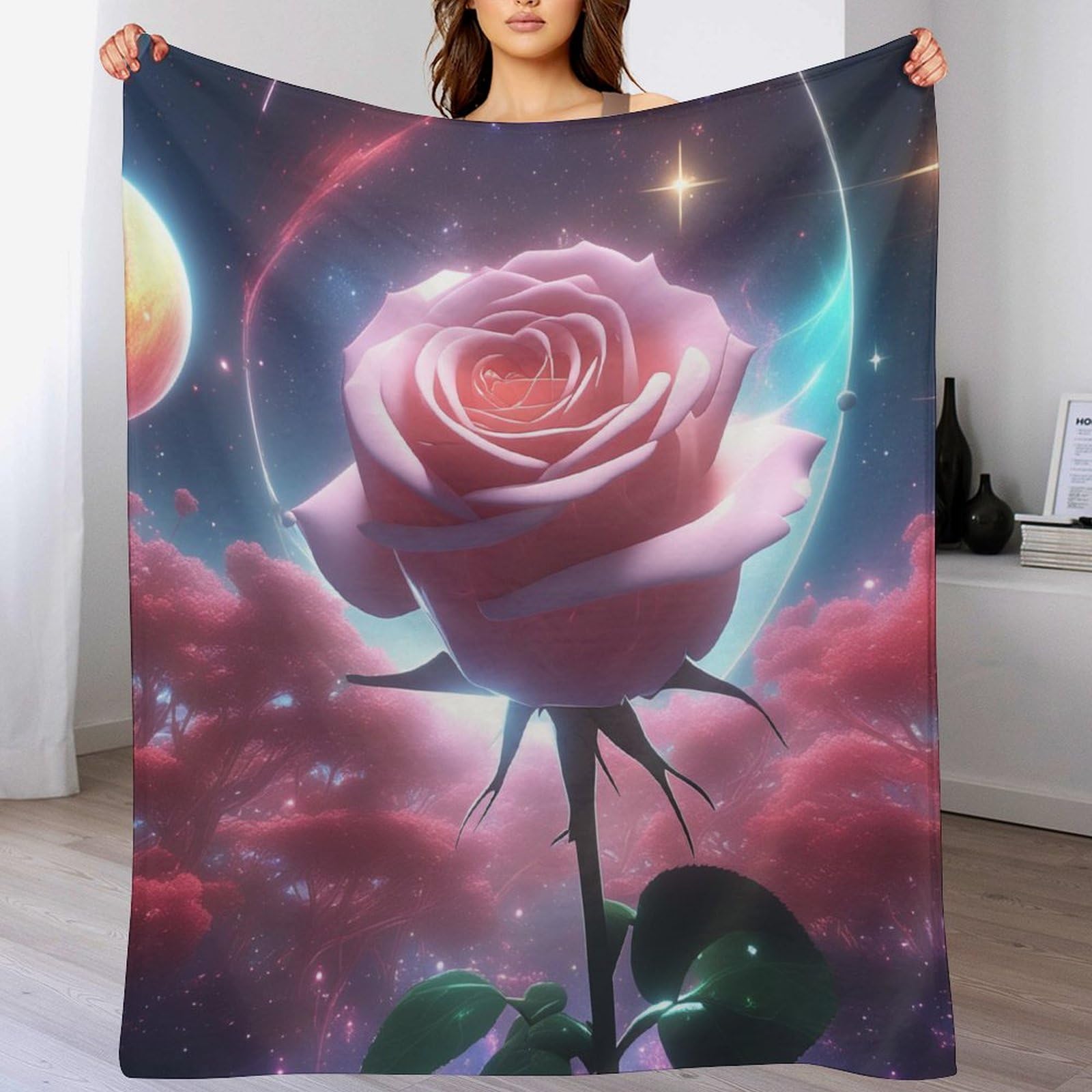 Couverture ciel étoilé rose en flannel douce pour lit et canapé, 180x200cm