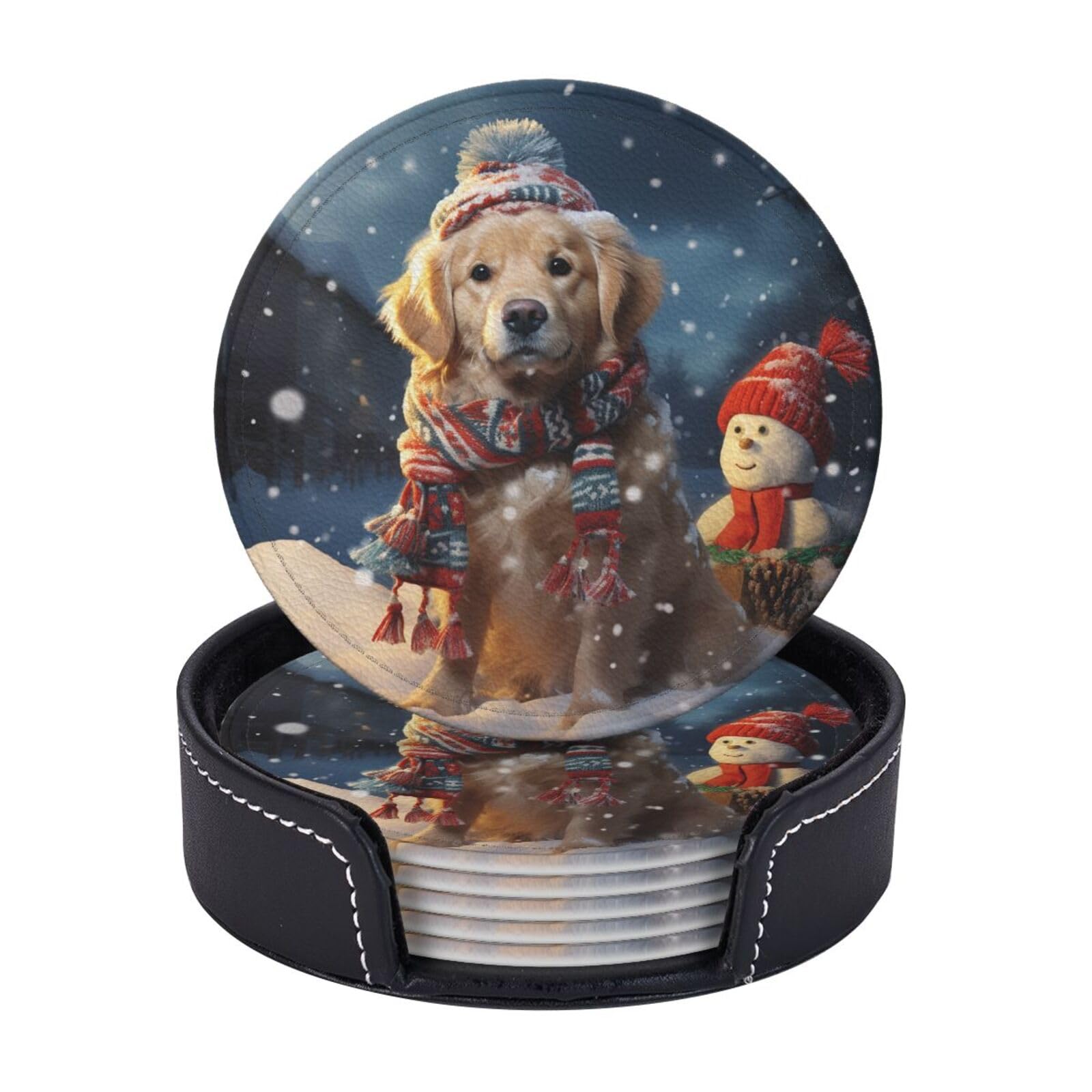 6Pcs PU Leather Coaster for Drinks, Merry Christmas Cute Dog Snowman Cup Coasters with Holder, Aesthetic Drink Coasters for Coffee Table, Round Coaster for Tabletop Protection 4" Cup Mat Pad