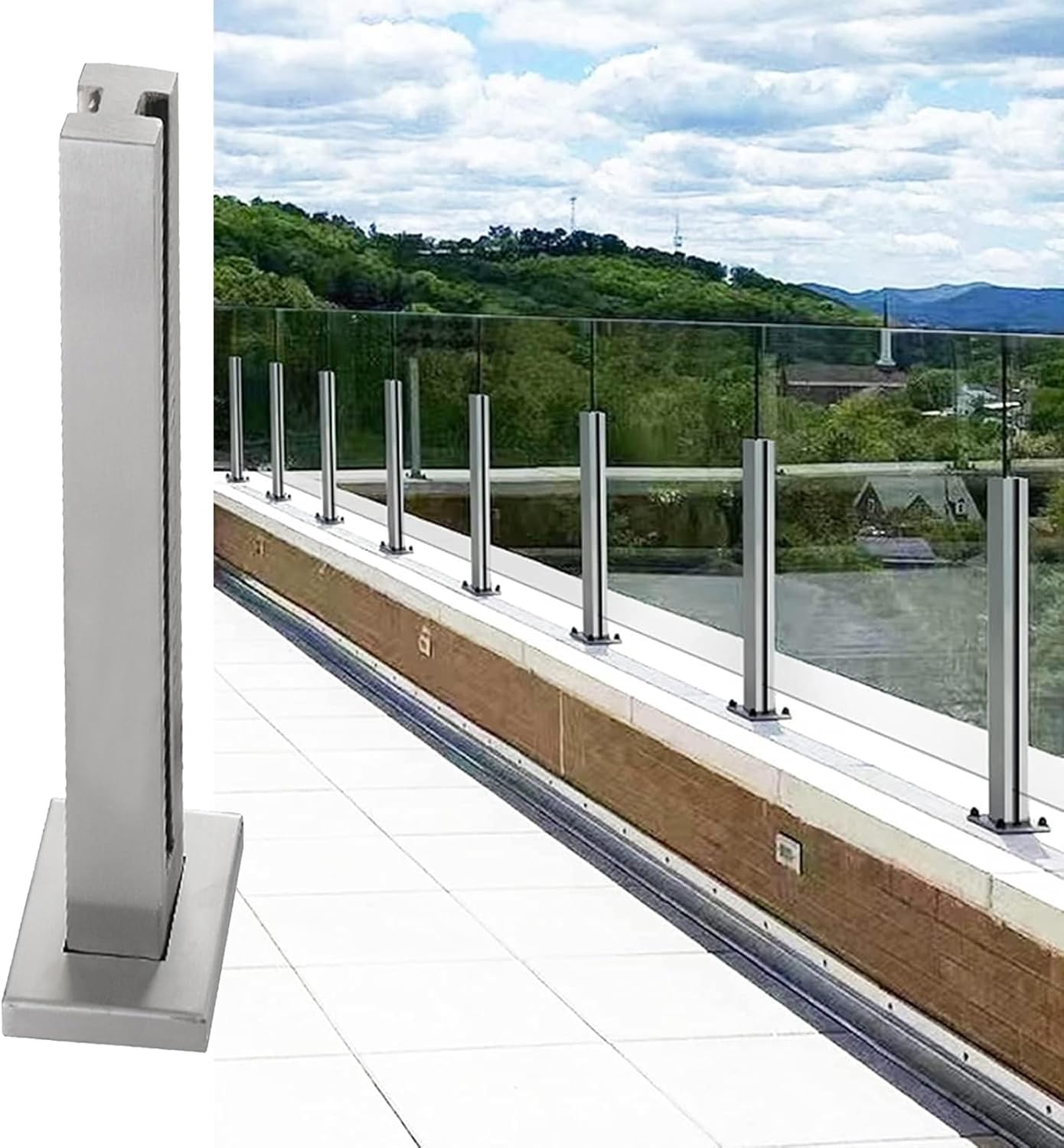 Stainless Steel Glass Railing System for Indoor and Outdoor Balconies, Extra Tall Glass Balustrade with Durable Handrail and Fence Clamp