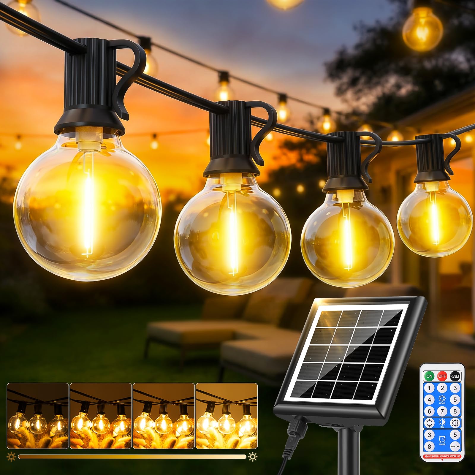 Solares Lichterkette für den Außenbereich, Solar-Lichterkette mit Fernbedienung, dimmbar, für den Außenbereich, Garten, G40, für Balkon, Terrasse, Hochzeit, Party (Solar-30M)
