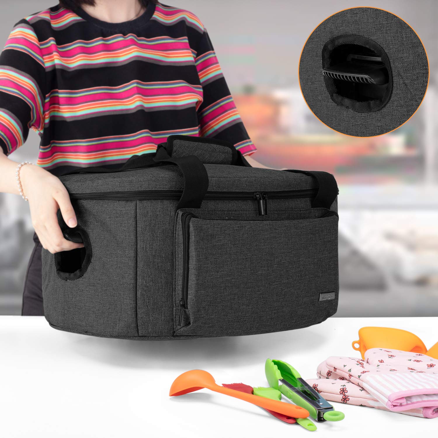 Bolsa aislada para olla de cocción lenta (con una almohadilla inferior y correas de sujeción de la tapa), funda de transporte se adapta a la mayoría de ollas de cocción lenta ovaladas de 6 a 8 6