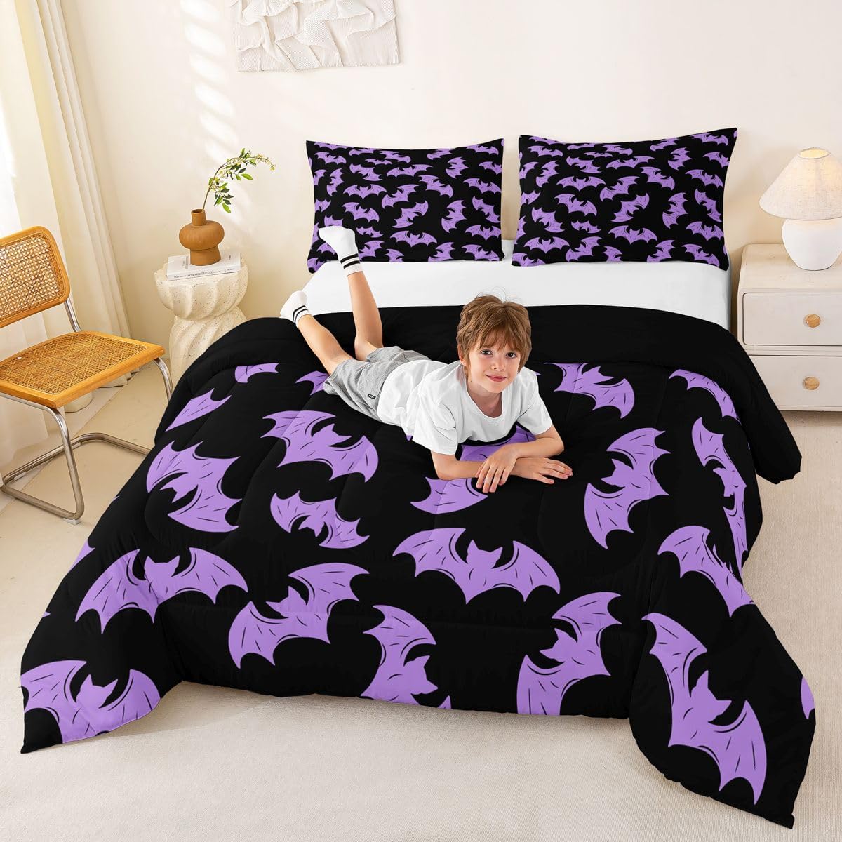 Erosebridal Purple Bat Twin Bedding Sets Halloween Bat Comforter Set Spooky Goth Gothic Animal Quilt Duvet Set Horror Halloween Bedding Collections for Kids Teens Adults