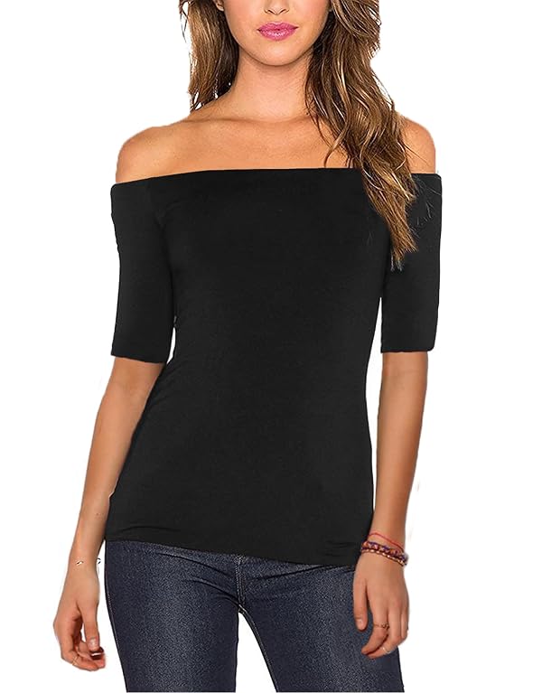 Women's Sexy Slim Fit Stretchy Off Shoulder Elbow Half Sleeve Blouse Tops Black L by Sarin Mathews - Used condition - US$18.37