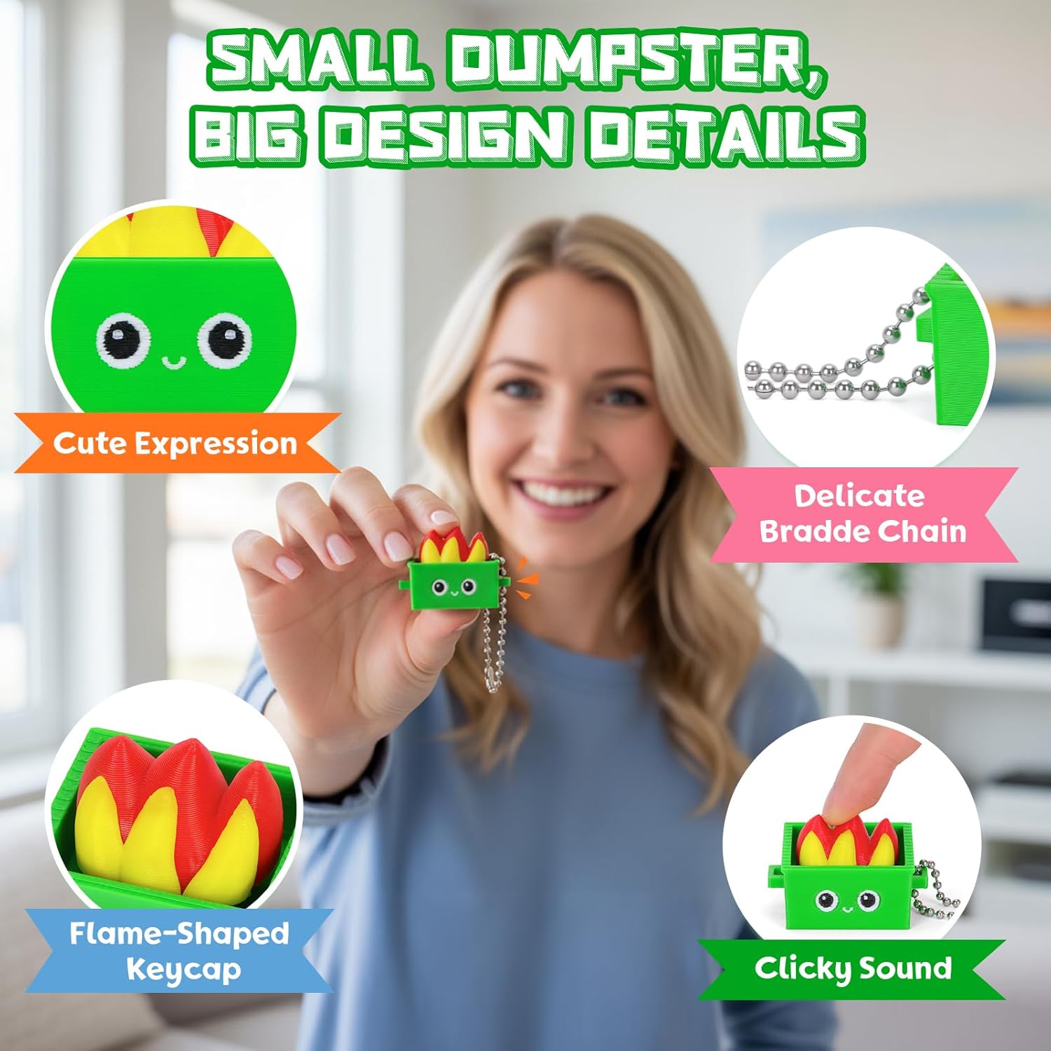 Dumpster Keyboard Clicker Fidget Keychain, Dumpster Fidget Gifts for Coworkers Office Desk Accessories Home Travel Stress Anxiety Relief (Green, 1P)