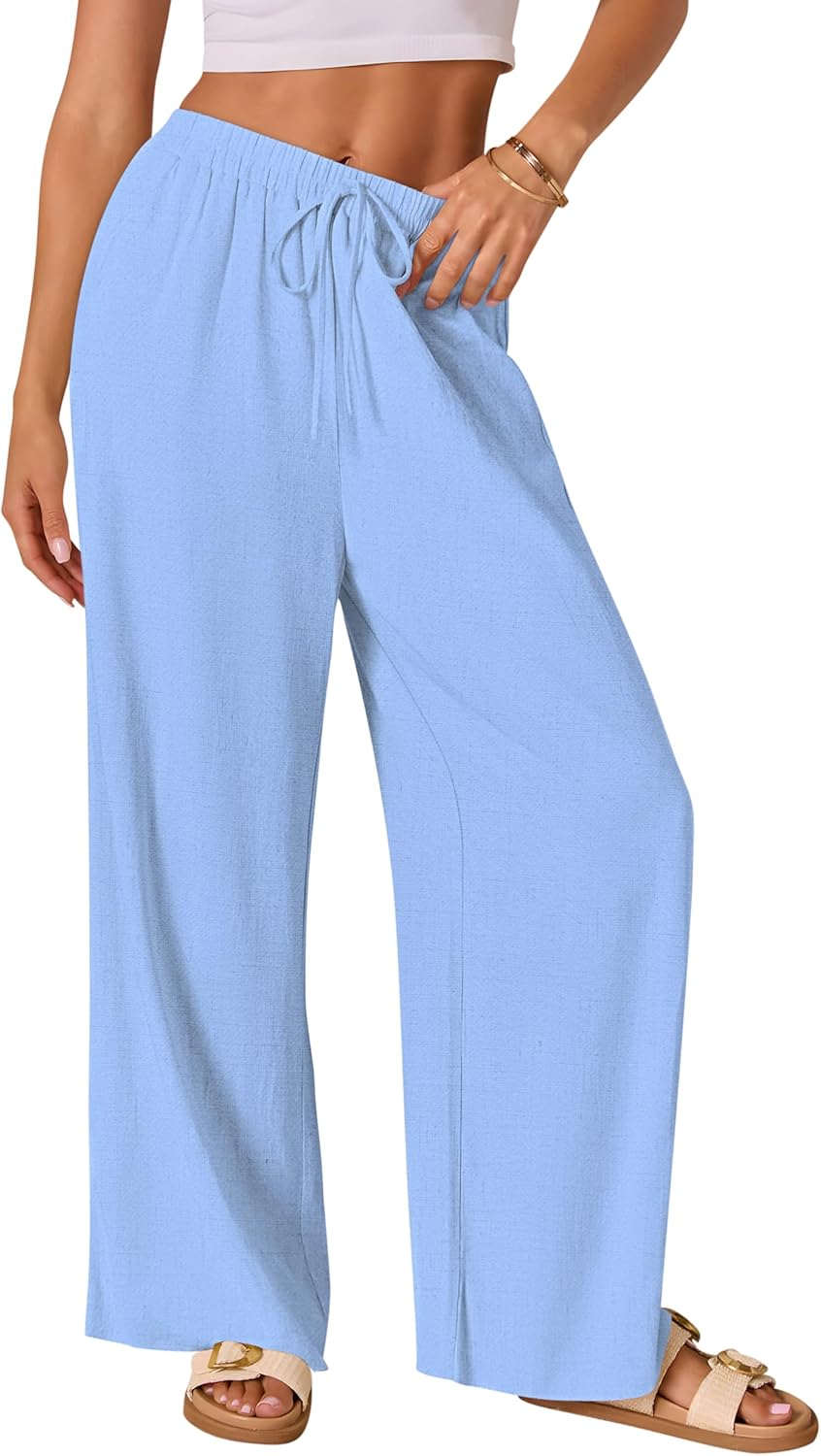 AISEW Women's Cotton Linen Palazzo Pants Drawstring Elastic Waist Casual Wide Leg Long Lounge Trousers with Pockets