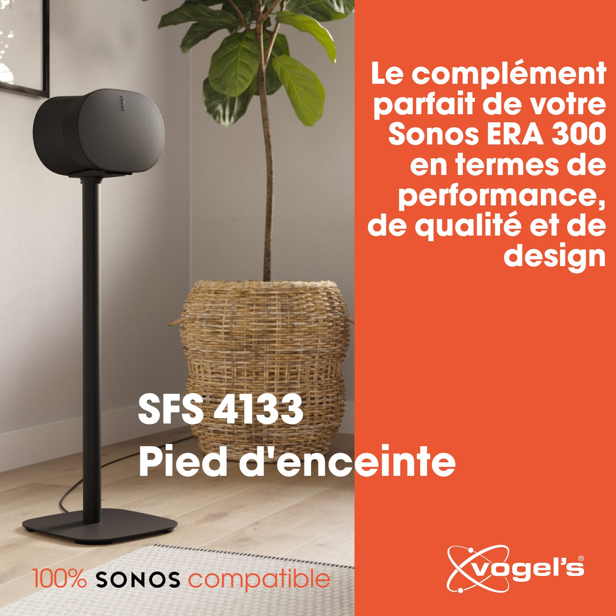 Vogel’s SFS 4133 Support pour Sonos Era 300 | Haut de Gamme et soigneusement pensé | Cache-câbles | Stabilité certifiée TÜV | Hauteur 82 cm | Noir (1 Pied)