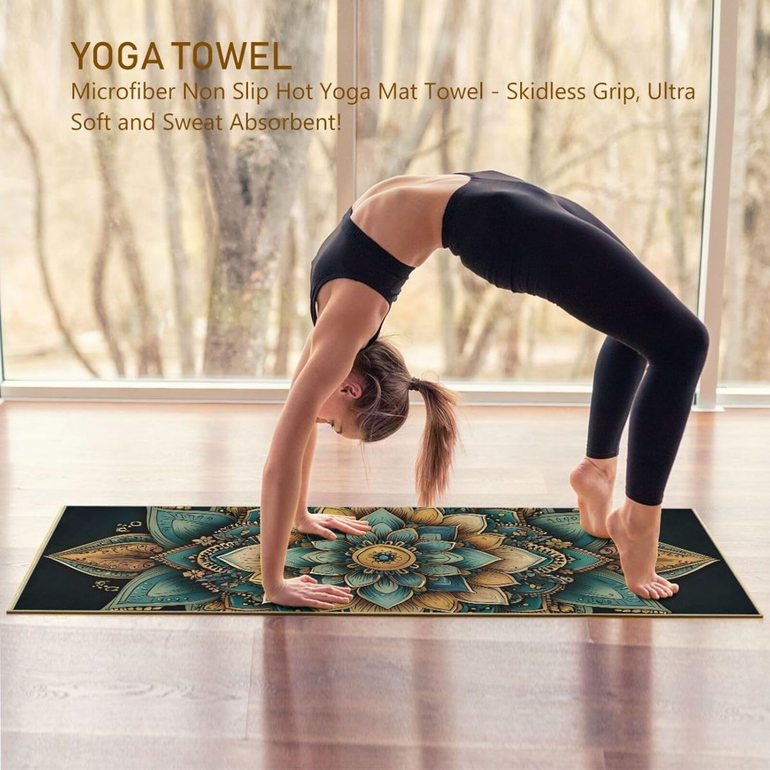 Golden Mandala Yoga Mat Towel with Silicone Grip Dot – 73"x27" Non-Slip Sweat Absorbent Microfiber Yoga Towel for Home Gym Studio