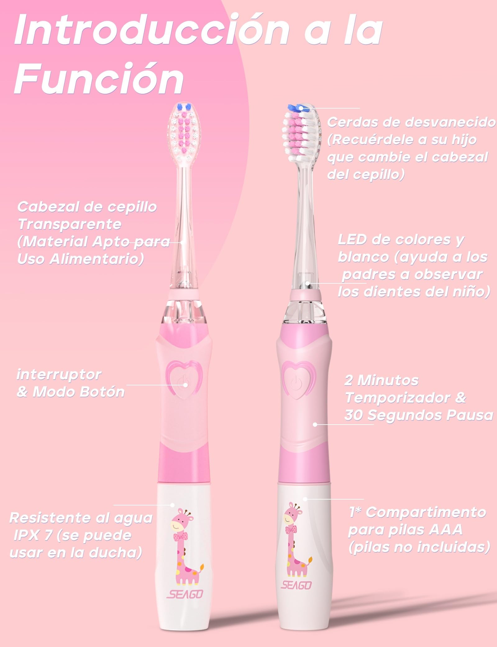 Seago SG977 Cepillo Eléctrico Infantil - 24.000 Vibraciones con Luz LED, 4 Cabezales de recambio extra suaves, Temporizador de 2 minutos, IPX7 Impermeable para Niños de 3 Años en adelante - Rosa