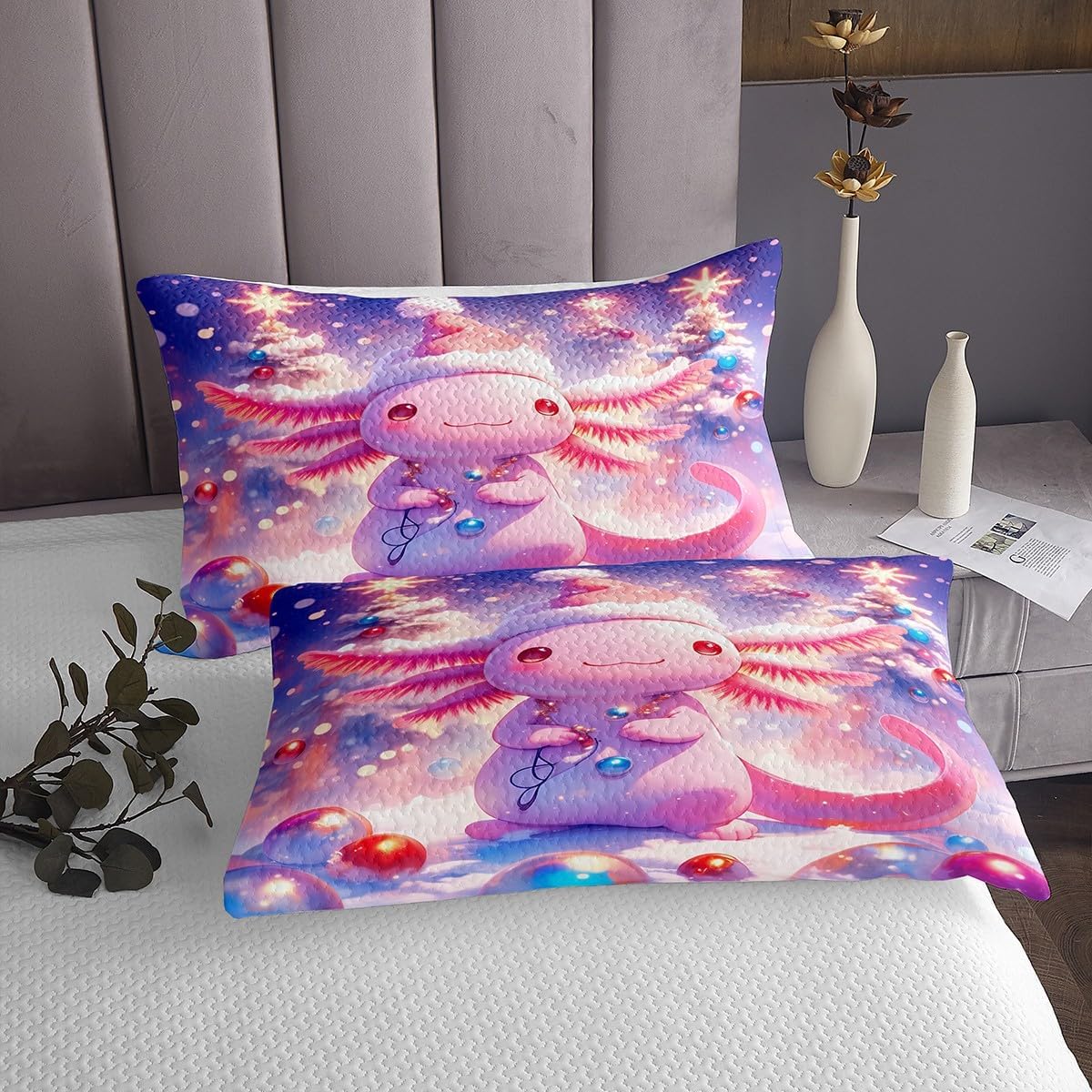 Erosebridal Cute Axolotl Kids Bedspread Set Twin Pink Kawaii Christmas Coverlet Set for Girls Teen,Xmas Animal Fish Quilt Set Winter Festival Snowflake Ball Bed Set 1 Pillow Case