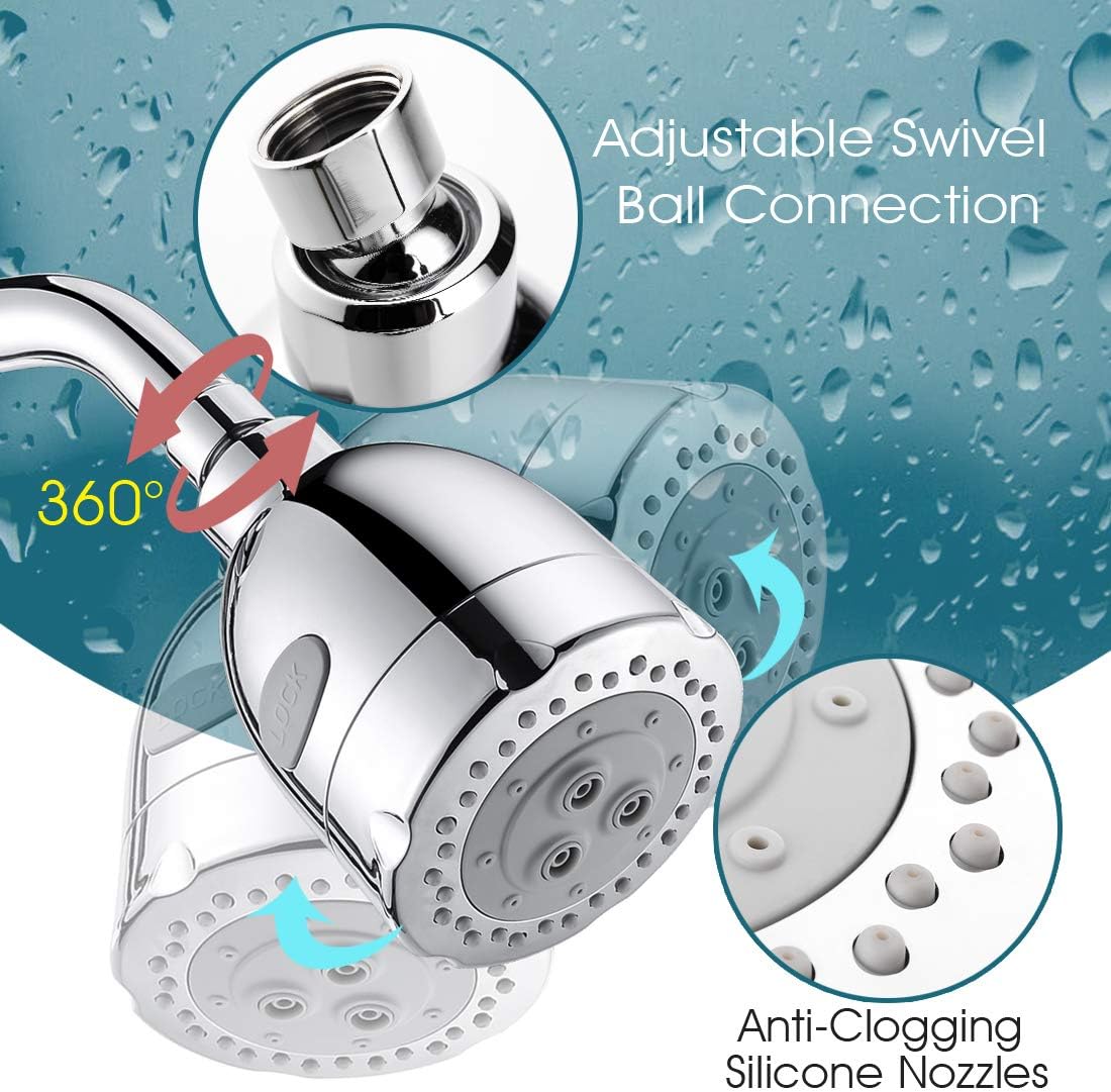 BRIGHT SHOWERS Filter Shower Head for Hard Water, Chlorine and Heavy Metals, High Output Bathroom Water Softener Rainfall Shower Head for Hair, 3 Settings Spray, 2 Replacement Filter Cartridge, Chrome