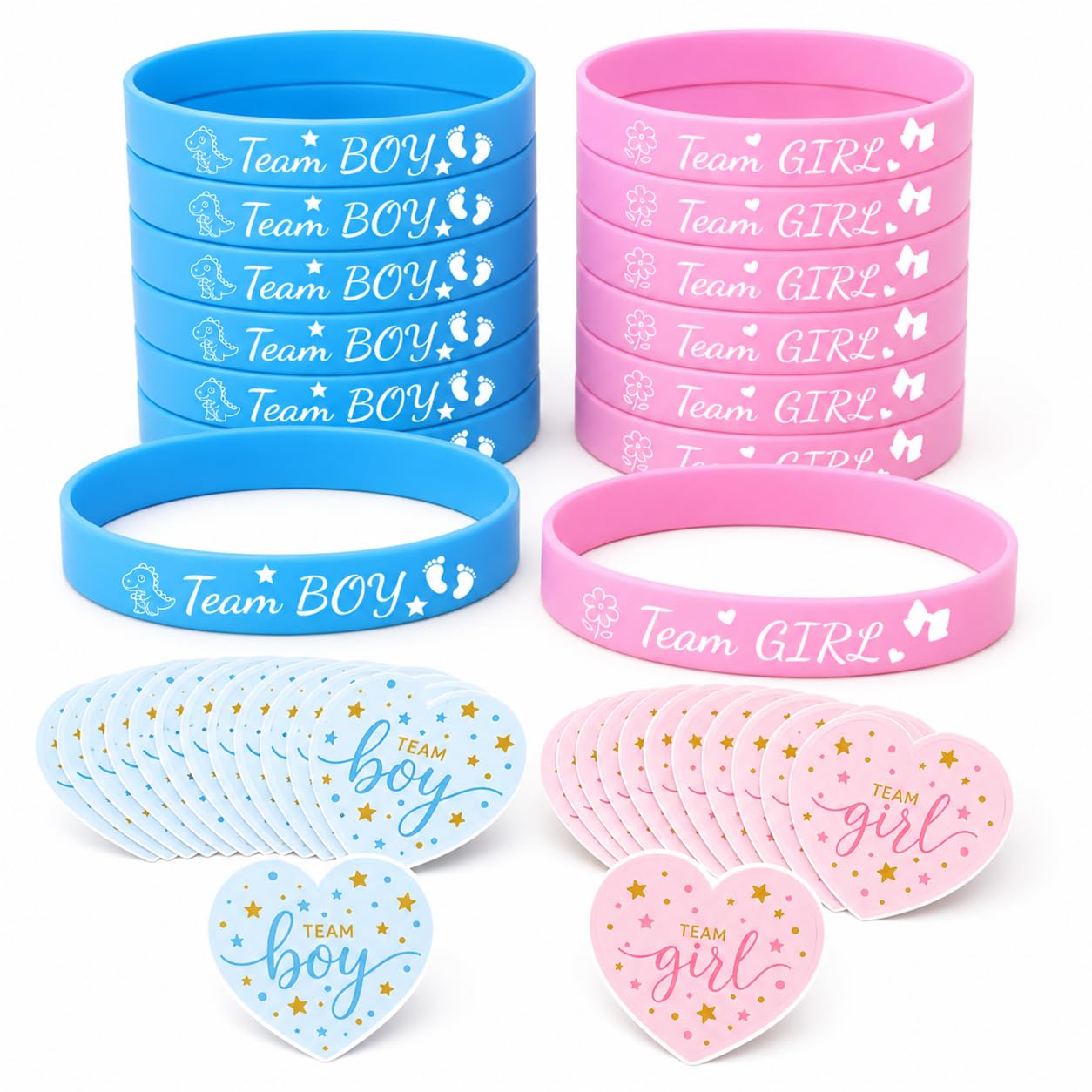 Kit de Révélation de Genre 60 Pièces avec Bracelets Silicone et Autocollants Cœur pour Annonce Grossesse